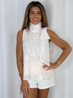 Funnel Neck Bow Shoulder Detail Floral Embroidered Top (2 Colours)