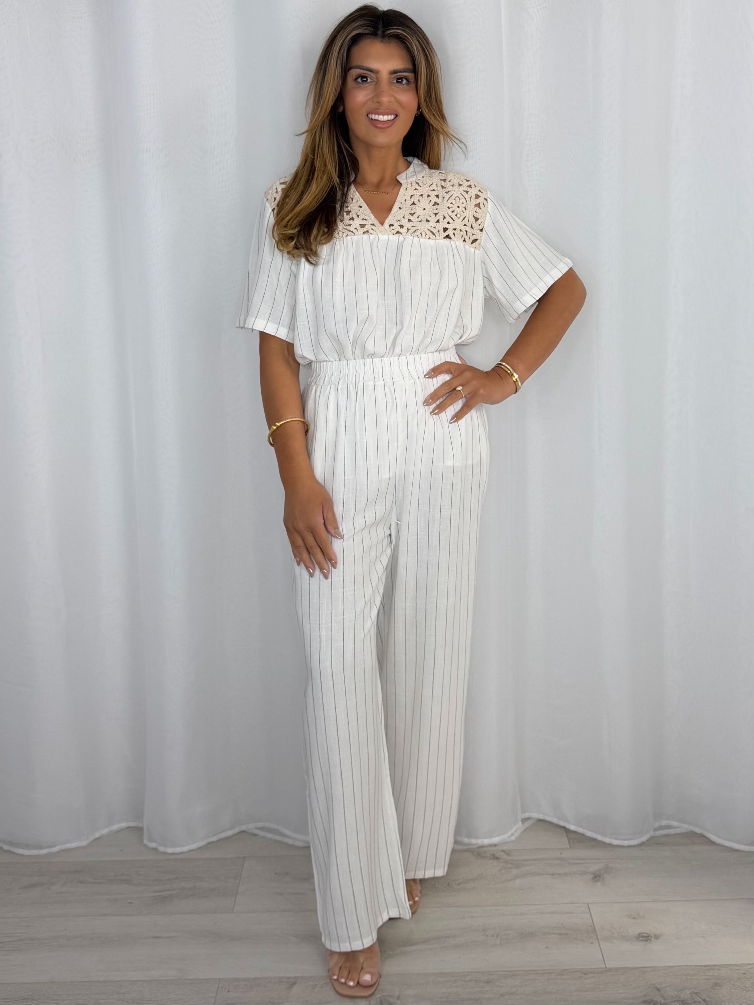 Crochet Detailing Pinstripe Longline Top And Trousers Co-Ord (4 Colours)
