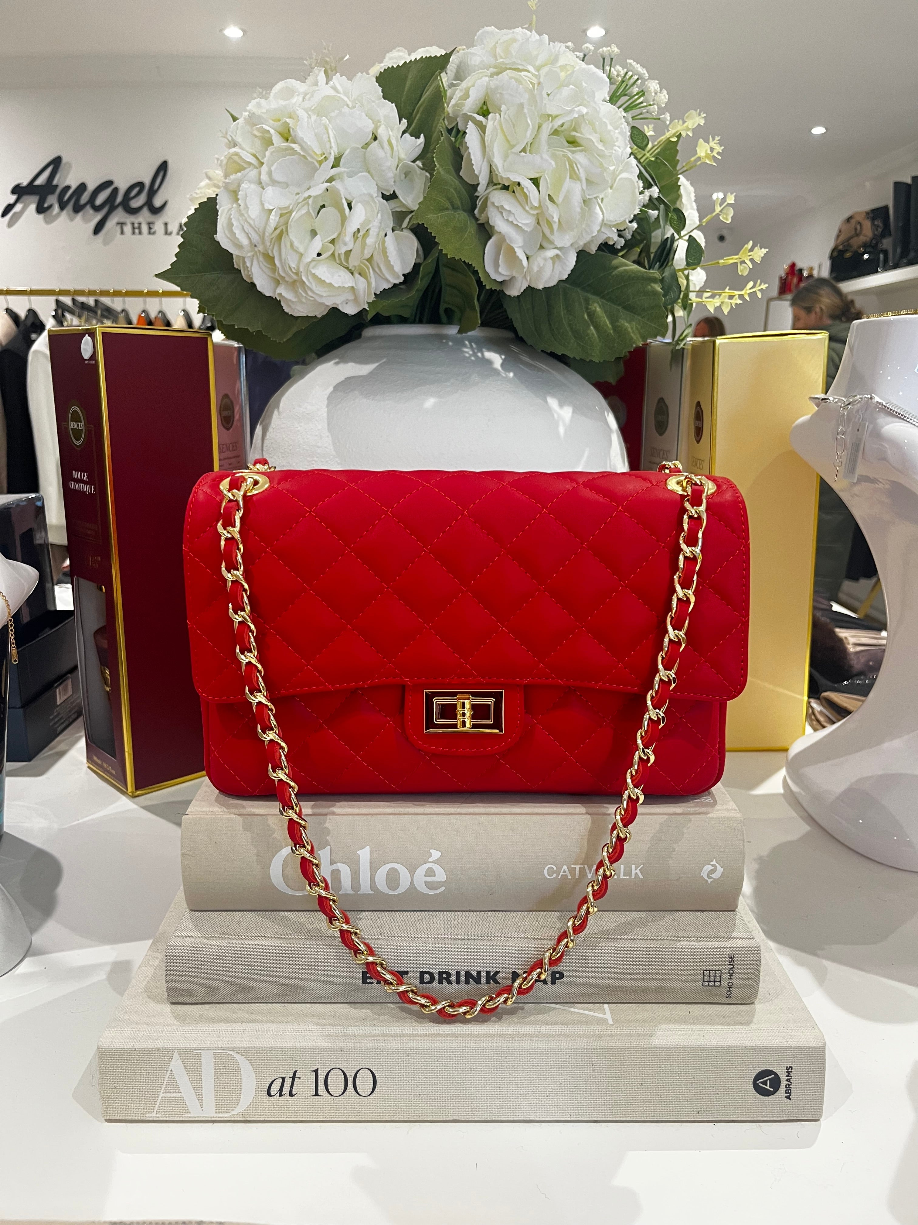 Large Genuine Leather Quilted Turn Lock Chain Handle Handbag (8 Colours)