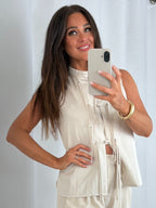 Cream Sleeveless Tie-Front Top With Wide-Leg Trousers