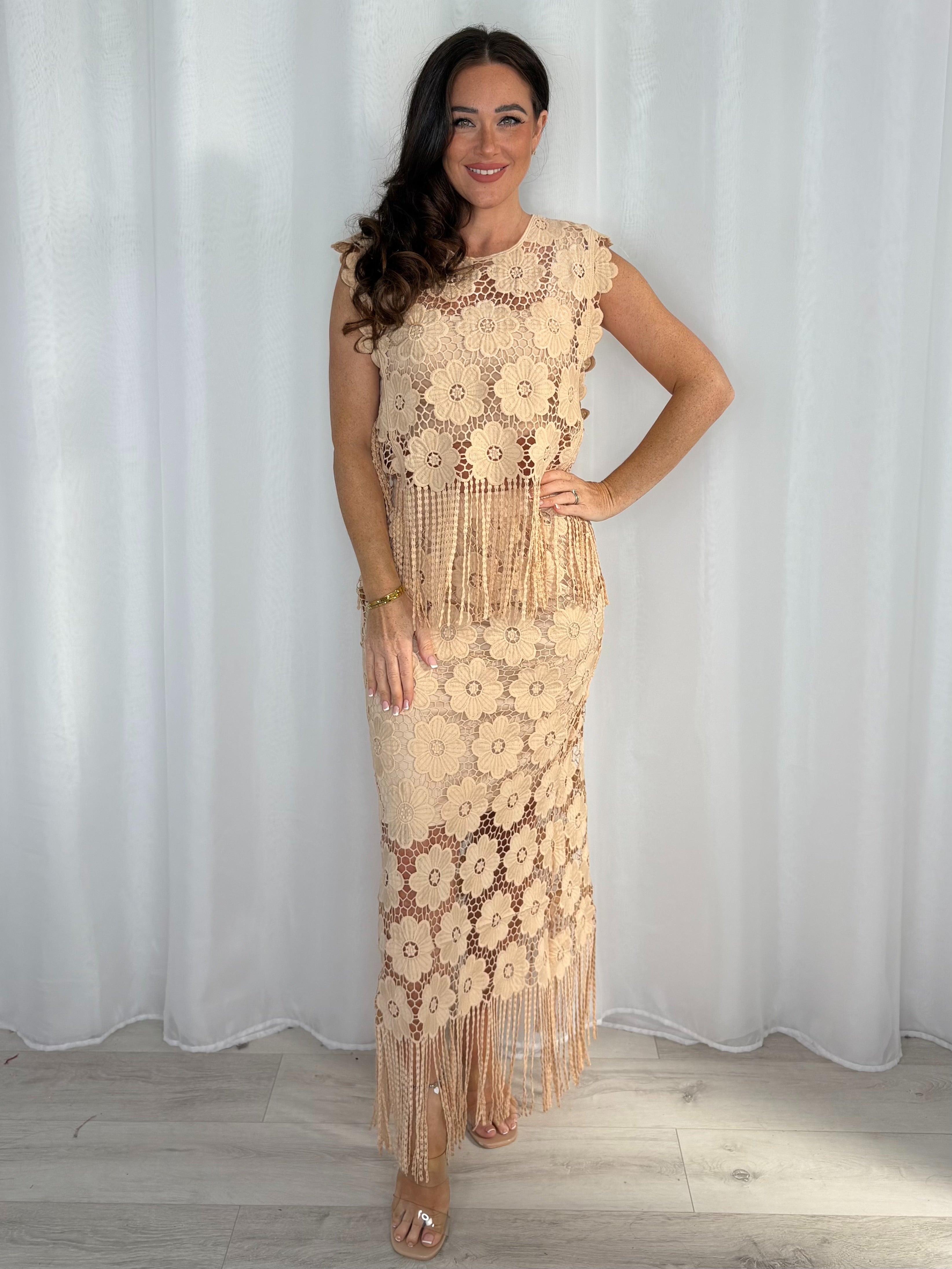 Floral Crochet Tassel Top And Midi Skirt Co-Ord