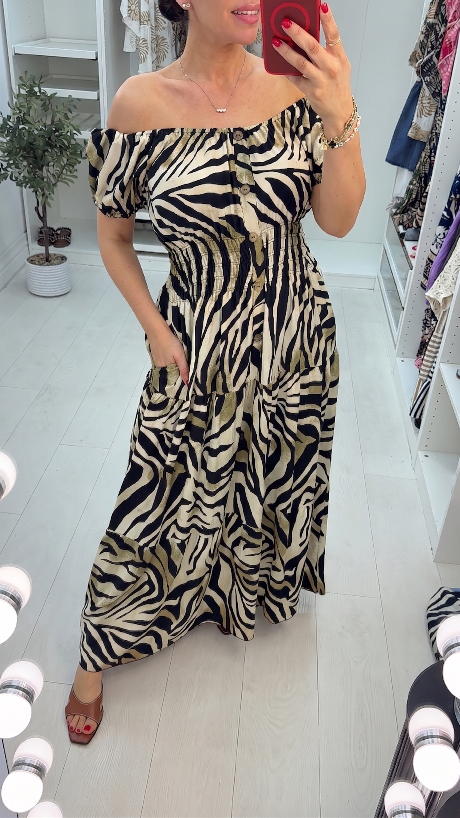Xena Zebra Print Off-Shoulder Maxi Dress