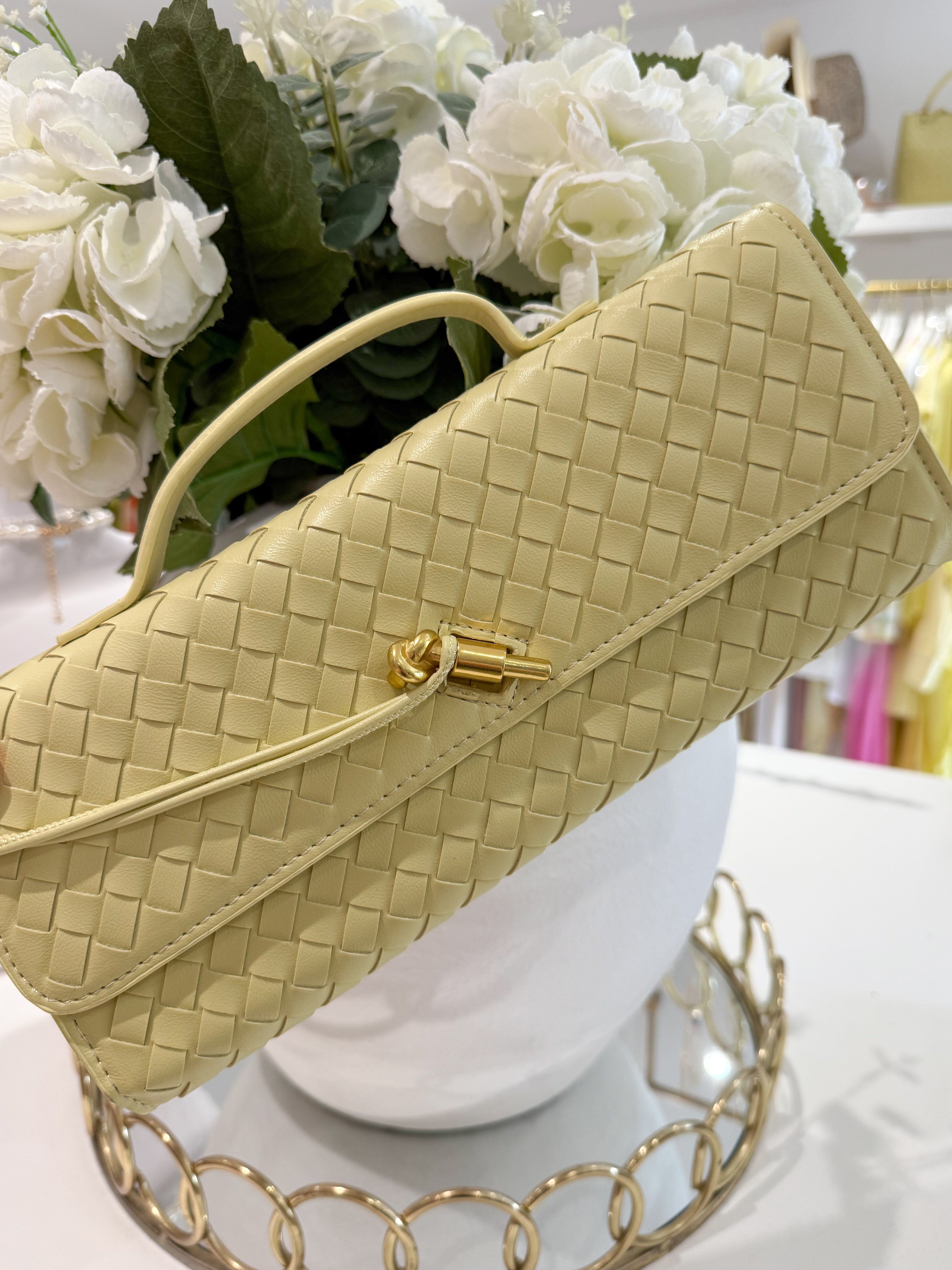 Woven Rectangle Envelope Gold Rod Fasten Clutch Bag (15 Colours)