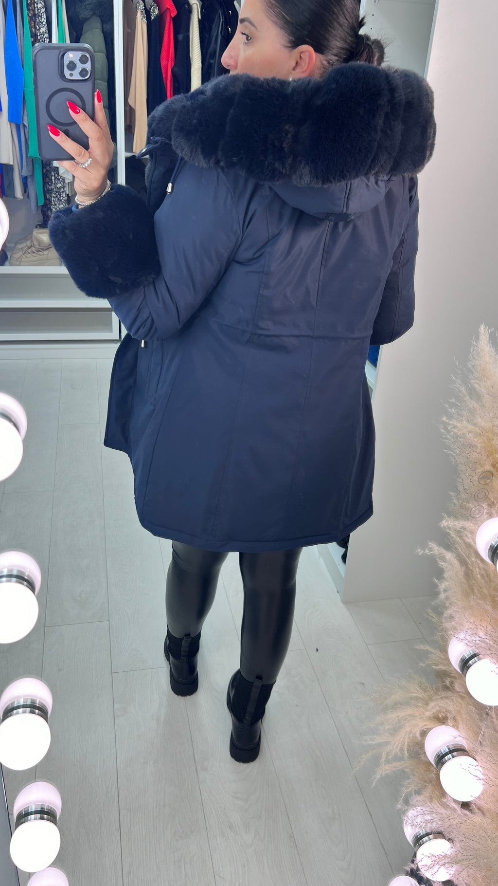 Jaya Navy Faux Fur Hooded Toggle Coat