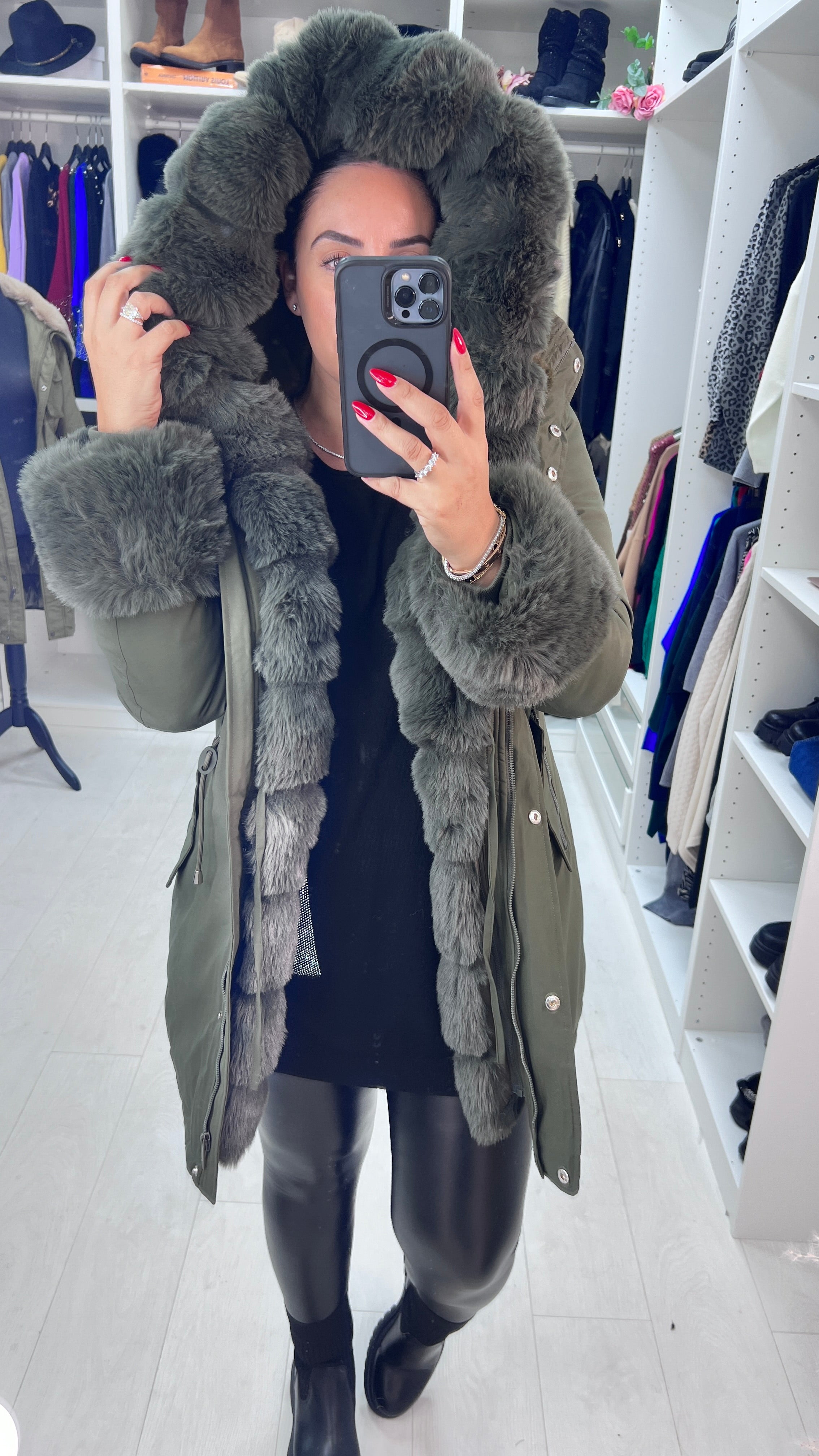 Jaya Khaki Faux Fur Hooded Toggle Coat
