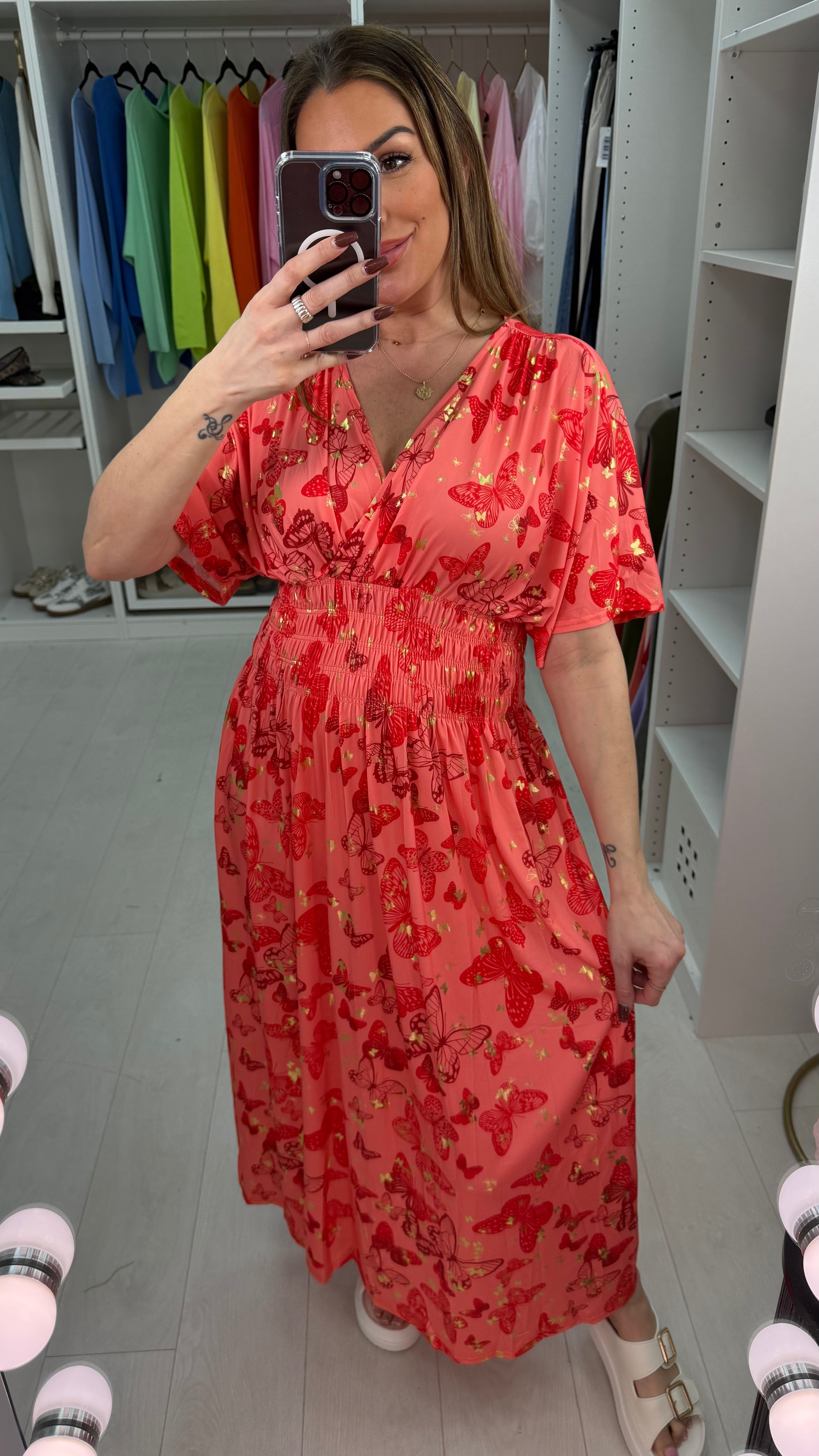 Nancie Butterly Print Shirred Waist Magic Maxi Dress
