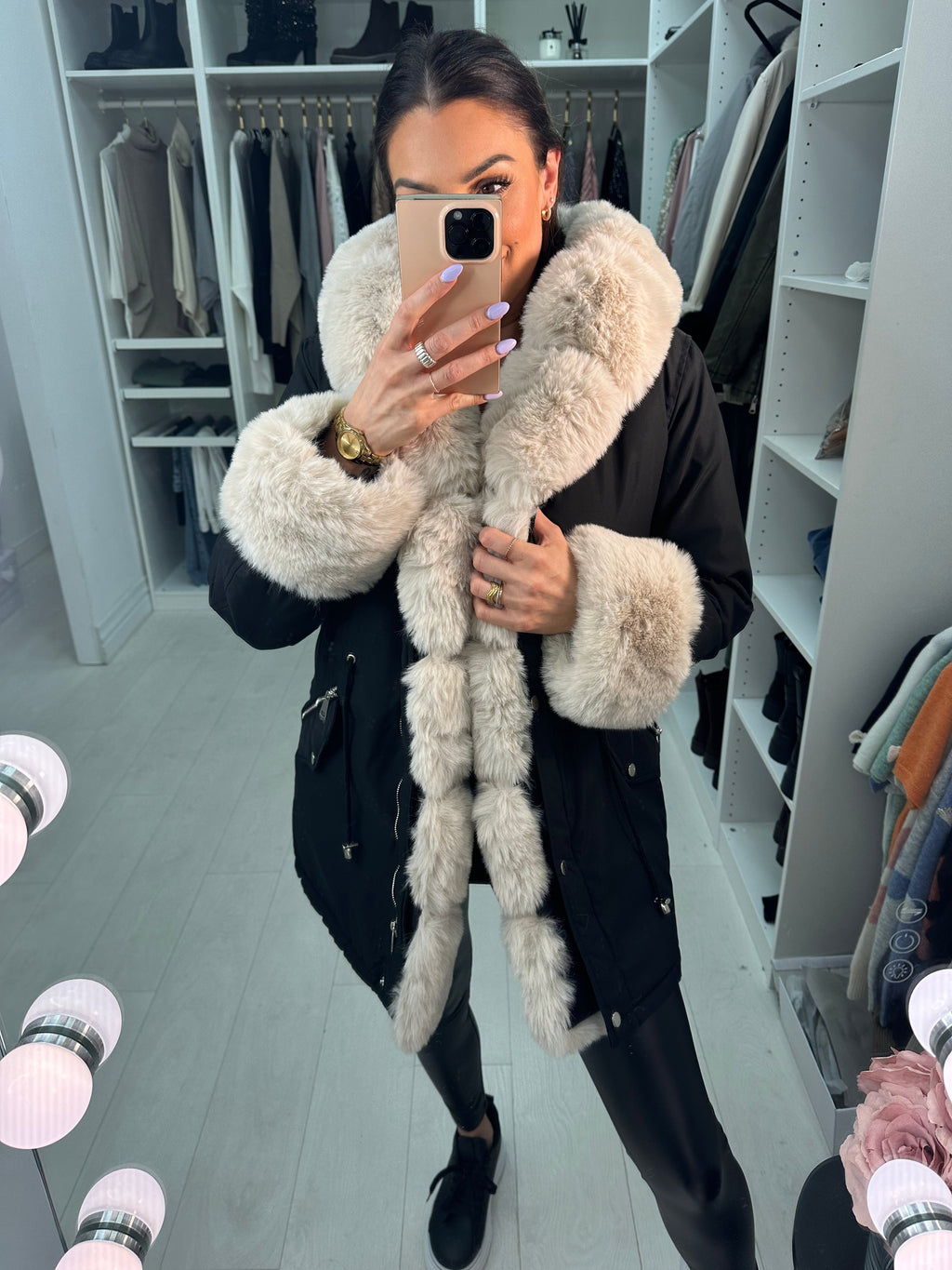 Amaya Black Beige Faux Fur Hooded Toggle Coat
