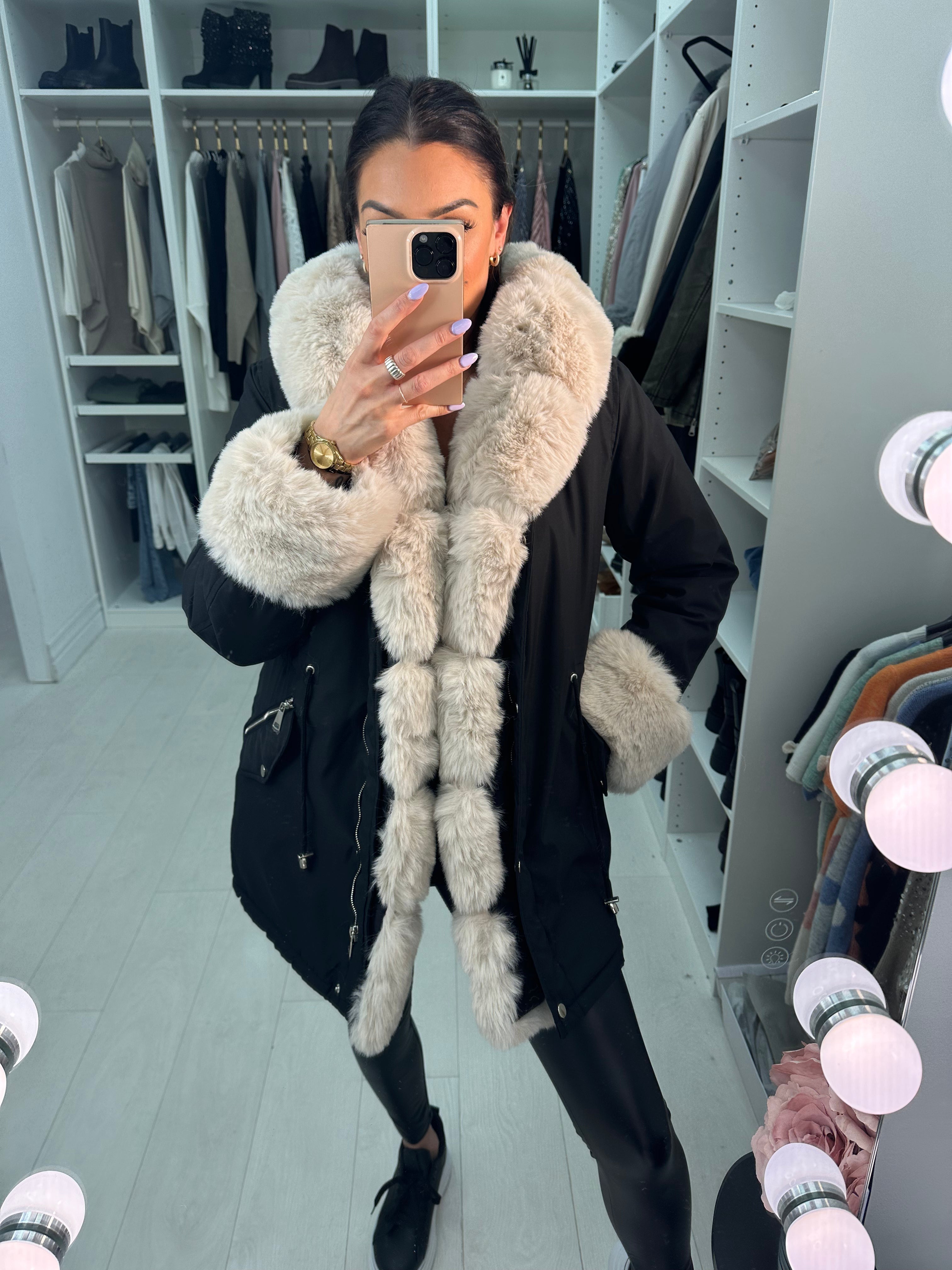 Amaya Black Beige Faux Fur Hooded Toggle Coat