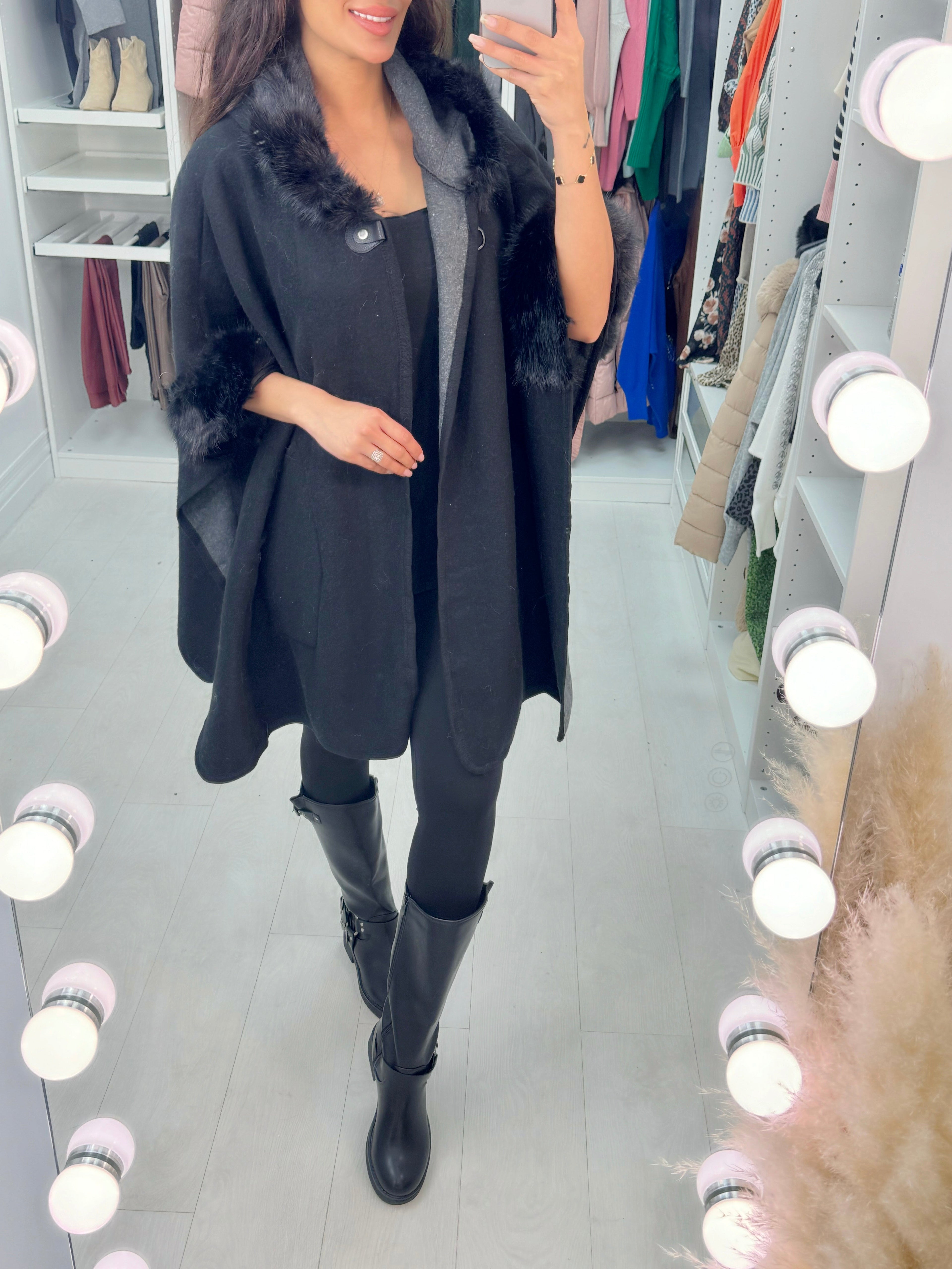 Zarina Faux Fur Hooded Poncho Jacket