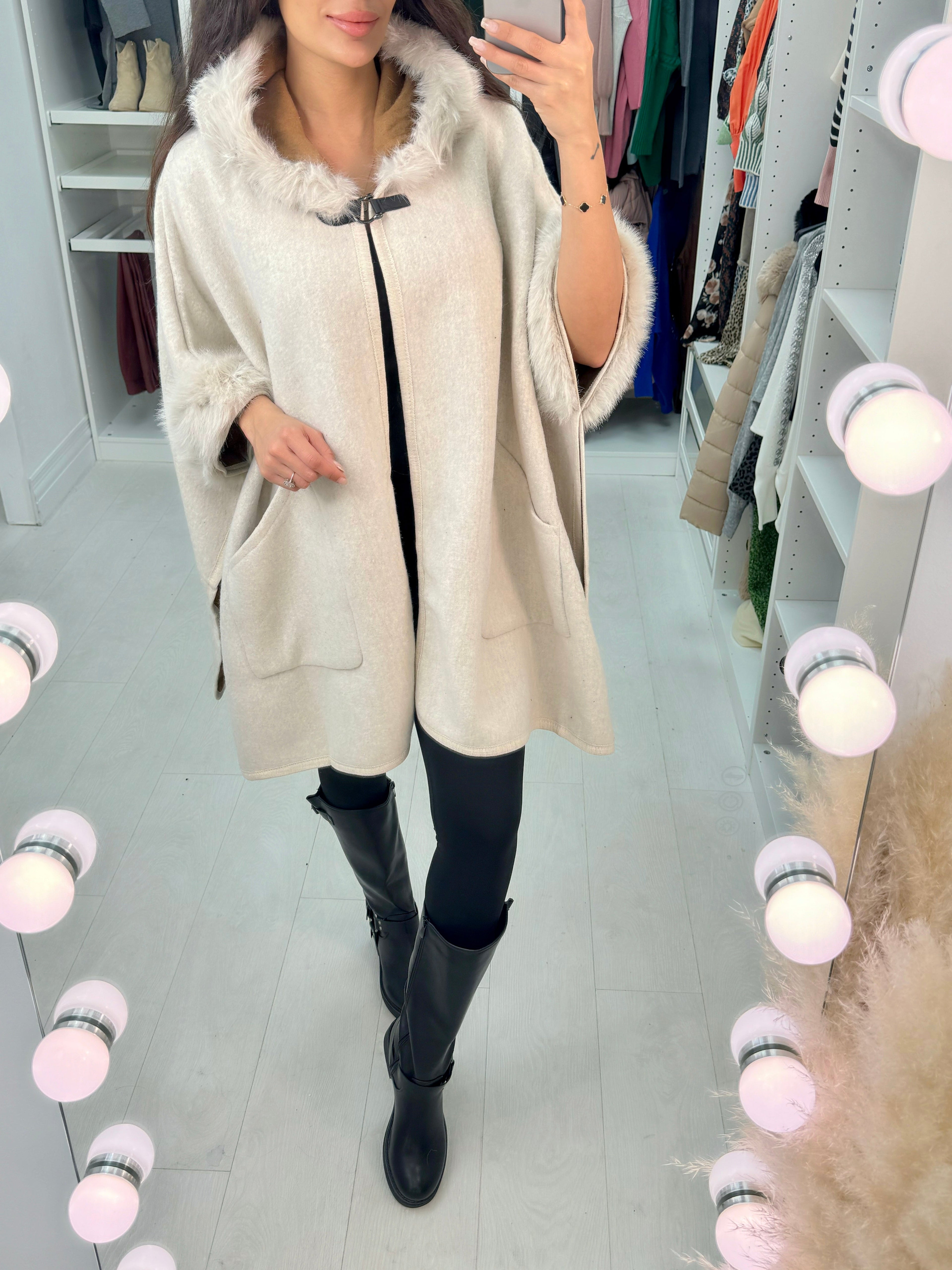 Zarina Faux Fur Hooded Poncho Jacket