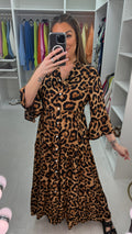 Fleur Camel Leopard Print Smock Maxi Dress