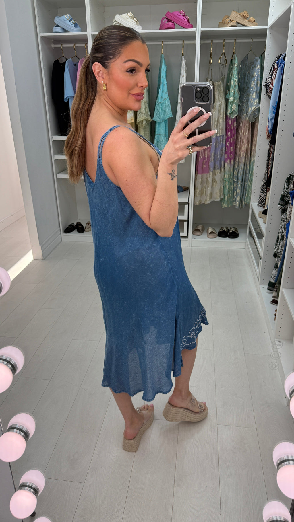 Anita Floral Embroidered Double Strap Denim Dress