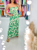 Elana Elasticated Bust Leaf Print Bandeau Maxi Dress