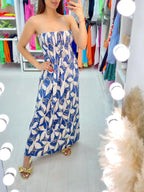 Elana Elasticated Bust Leaf Print Bandeau Maxi Dress