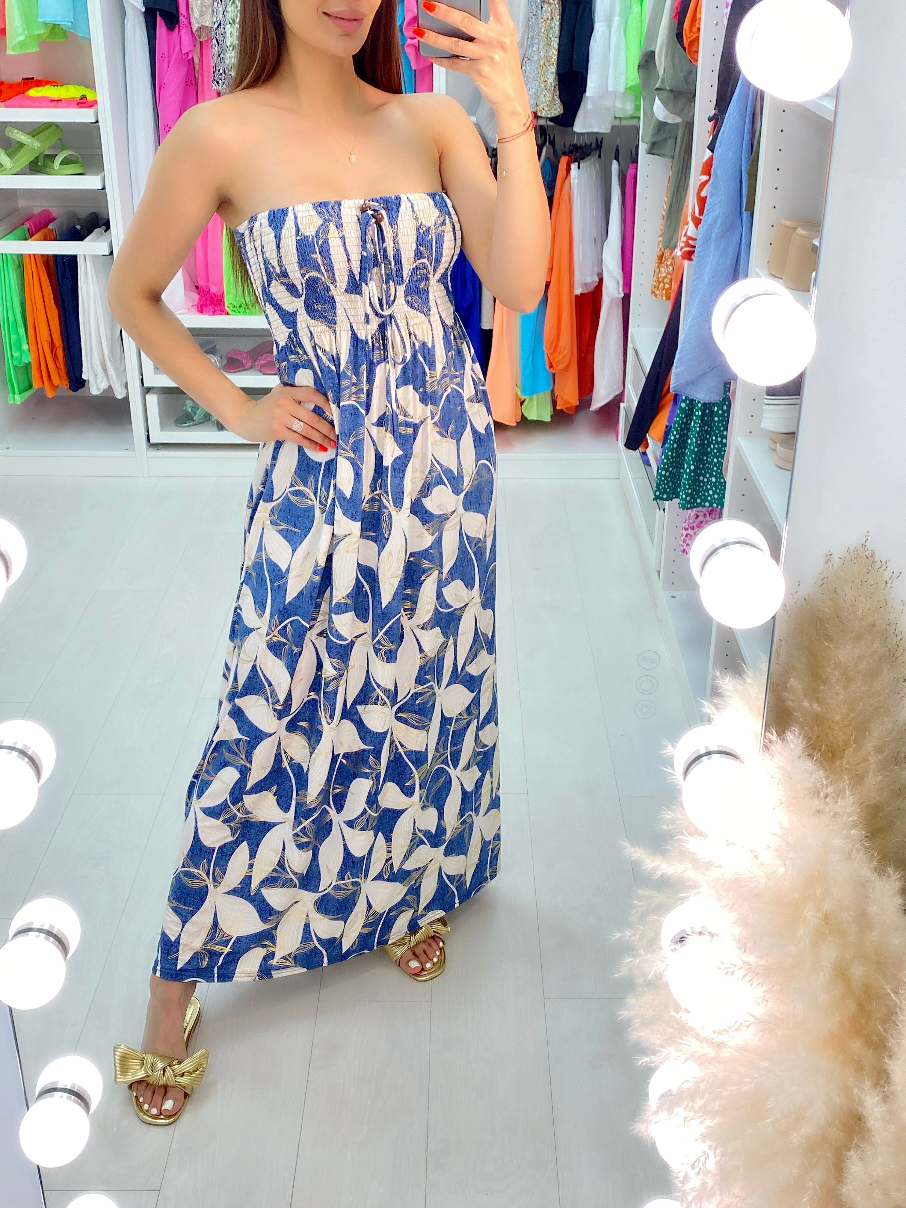 Elana Elasticated Bust Leaf Print Bandeau Maxi Dress