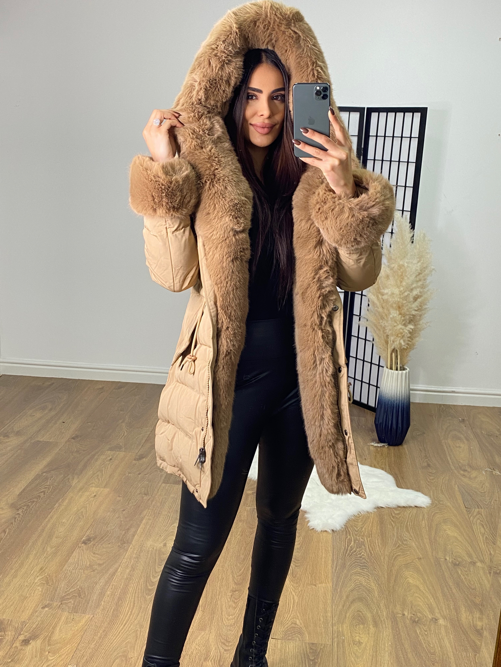 Vienna Camel Luxury Faux Fur Trim Coat