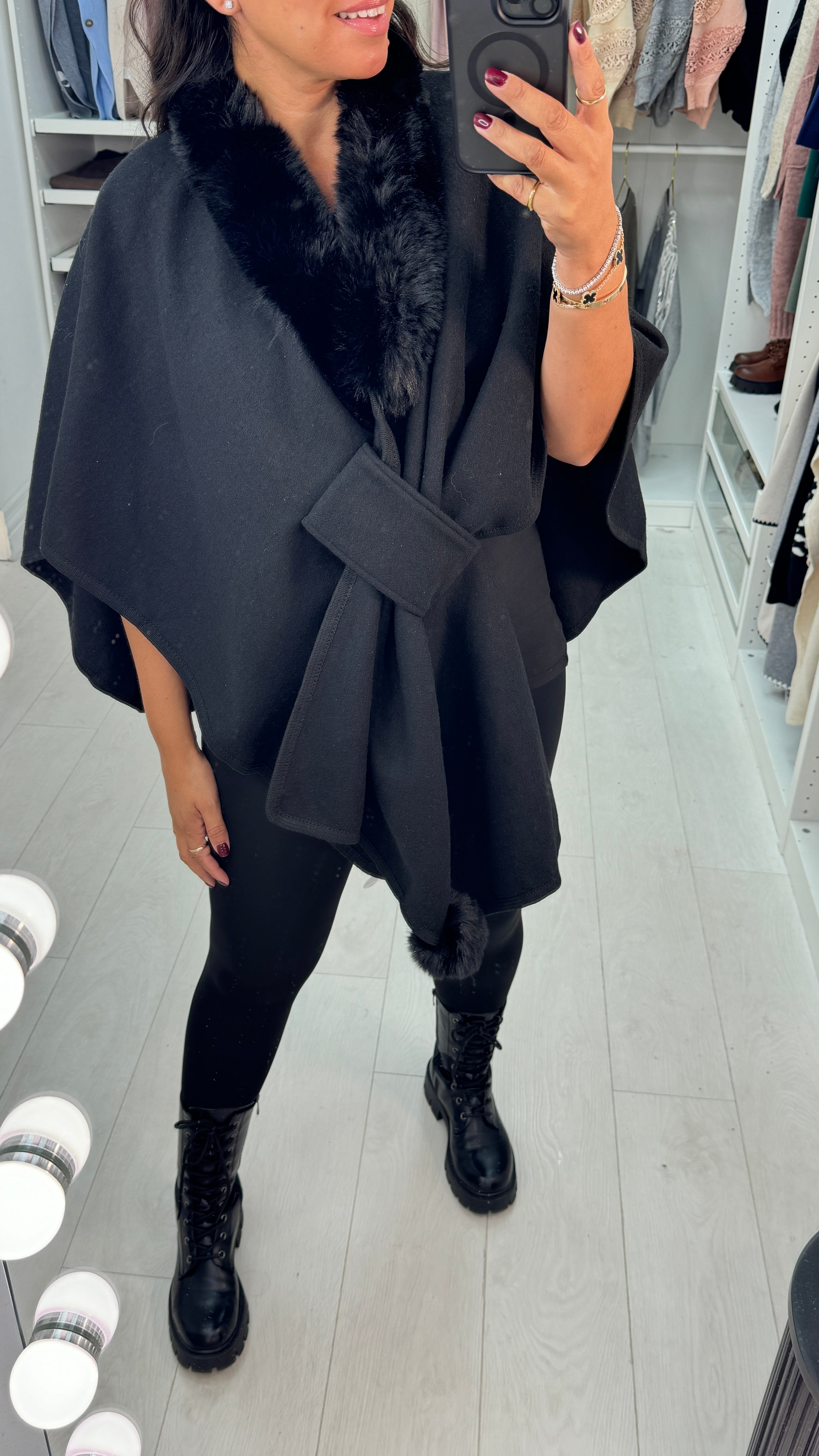 Roxanna Plain Faux Fur Trim Poncho