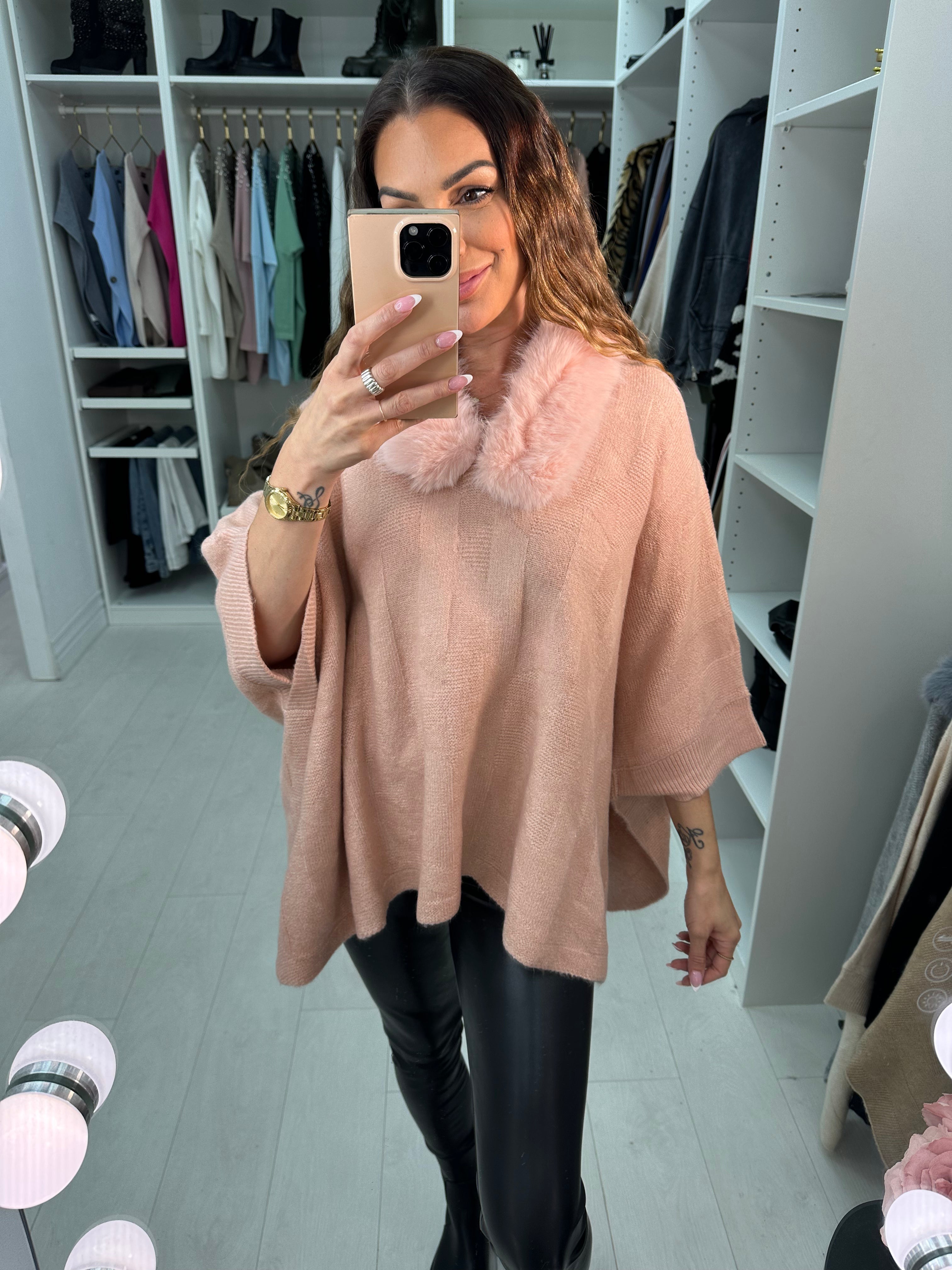 Karsyn Faux Fur Trim Knitted Poncho