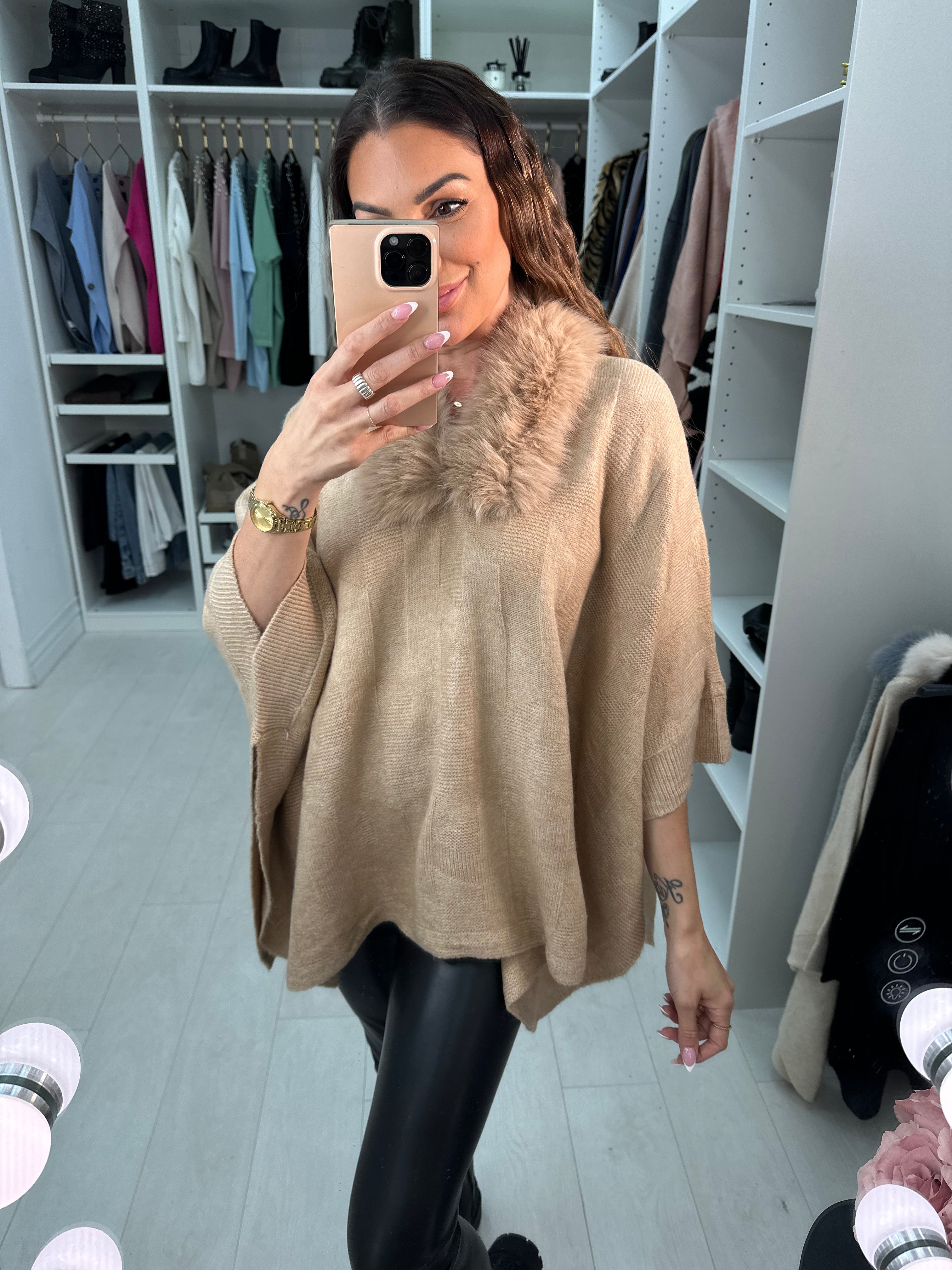 Karsyn Faux Fur Trim Knitted Poncho