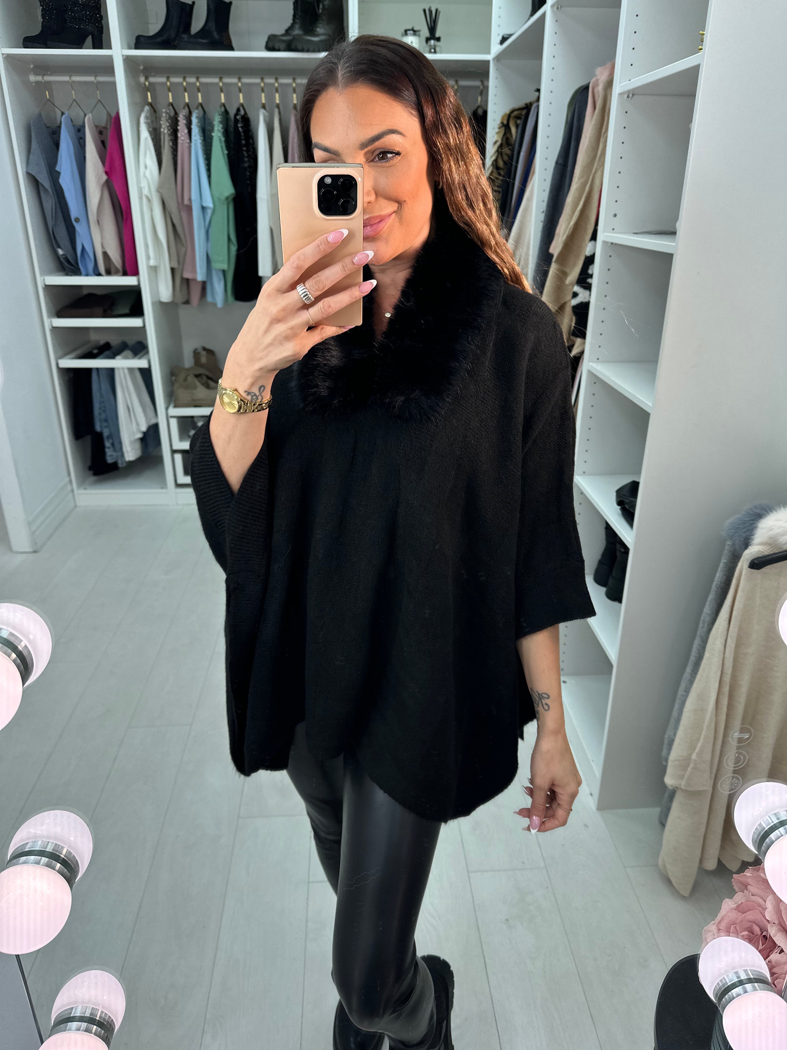 Karsyn Faux Fur Trim Knitted Poncho
