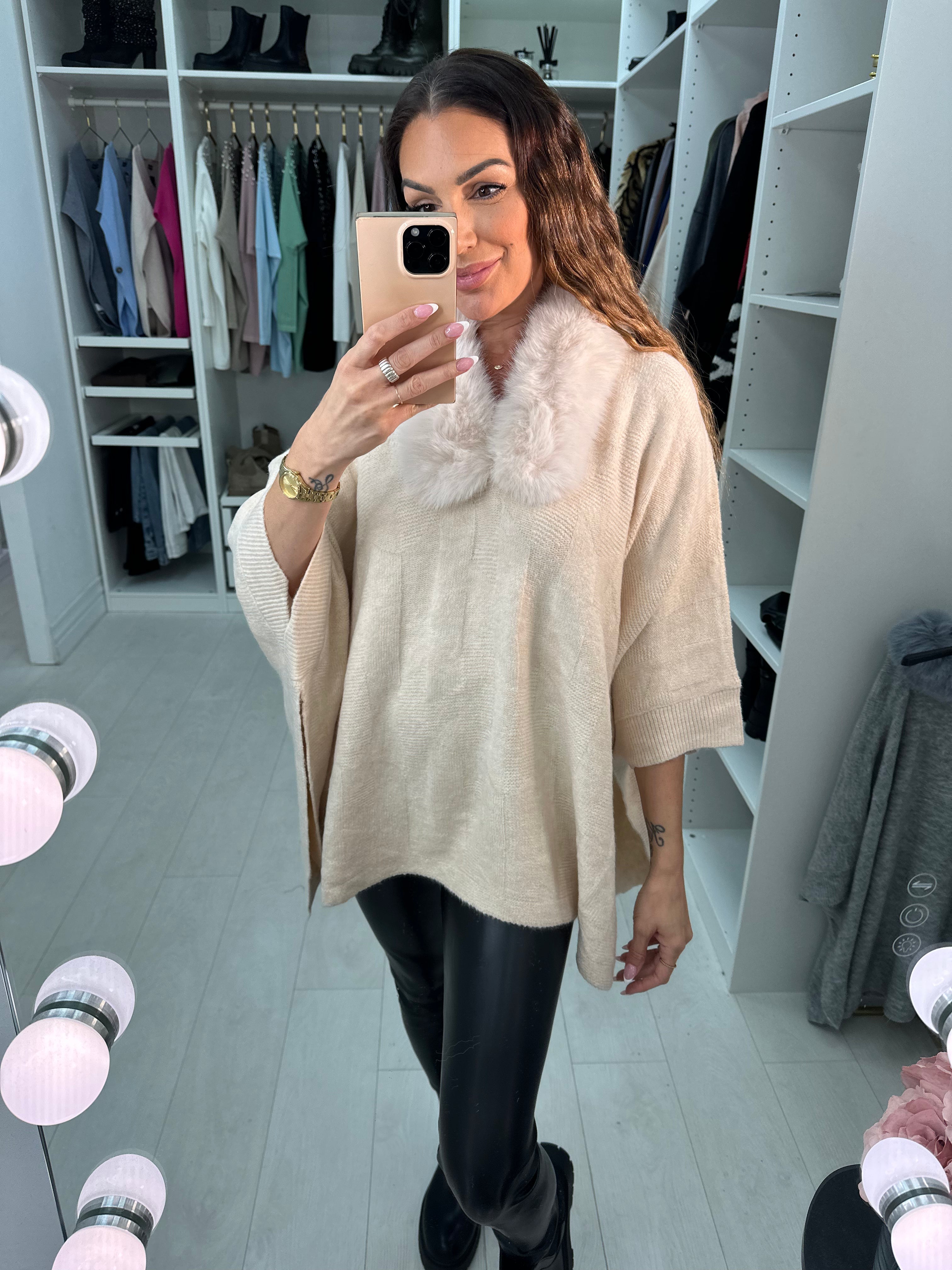 Karsyn Faux Fur Trim Knitted Poncho