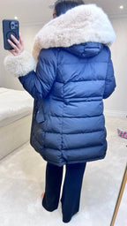 Vienna Black/Beige Luxury Faux Fur Trim Coat