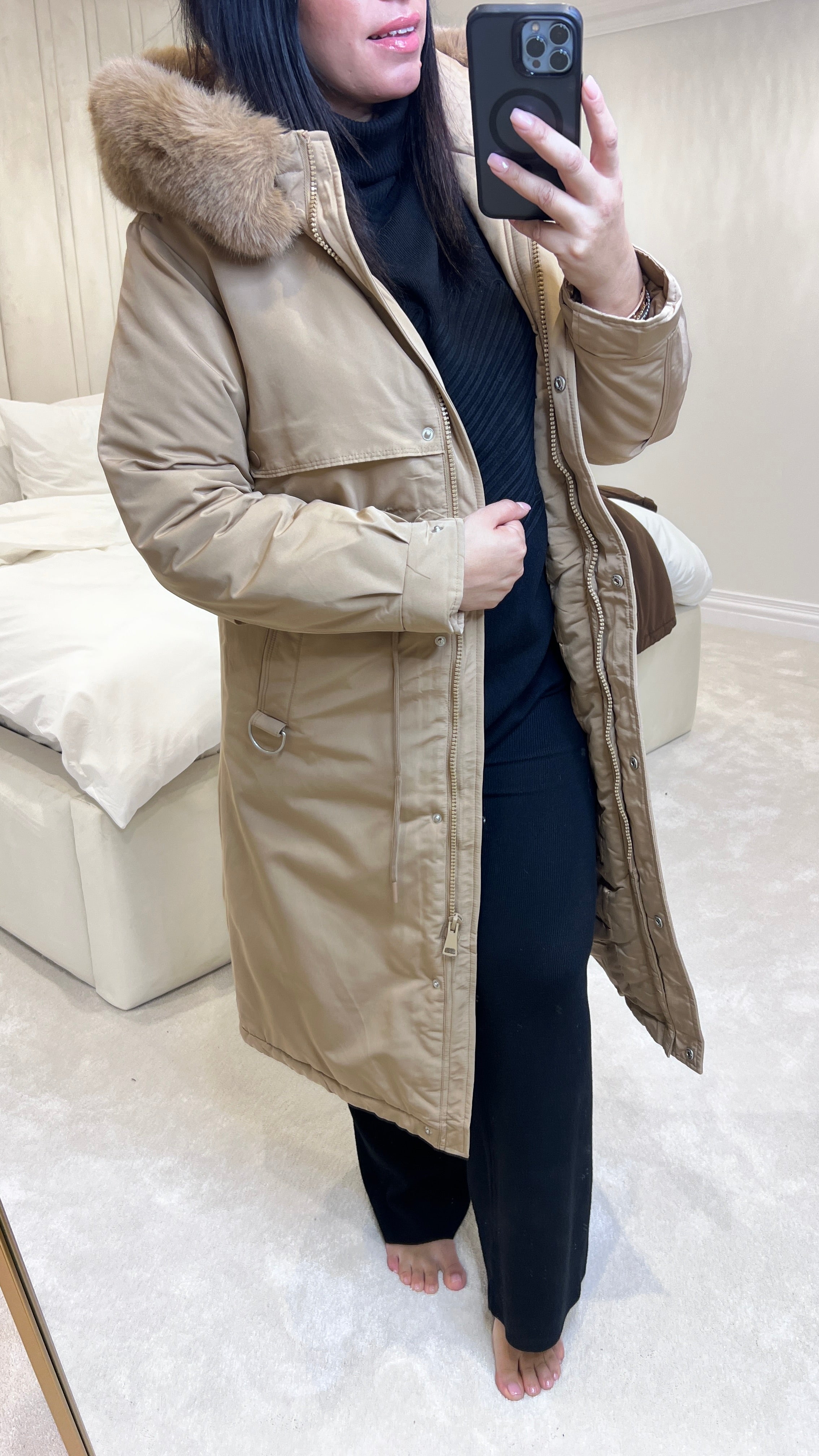 Caylee Camel Faux Fur Hooded Coat