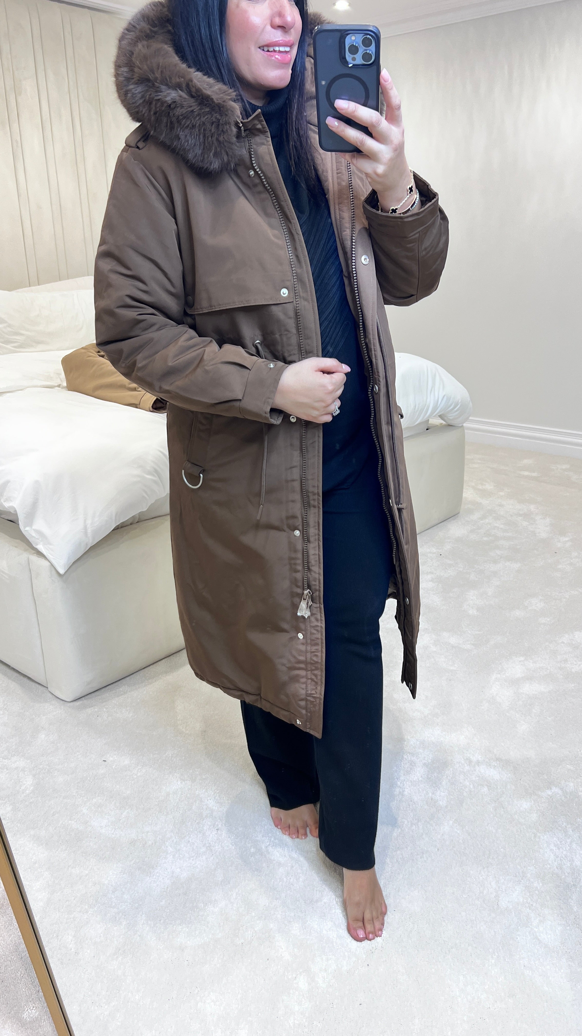 Caylee Chocolate Faux Fur Hooded Coat