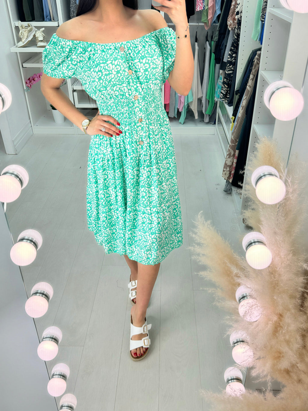 Misha Patterned Button Detail Midi Dress