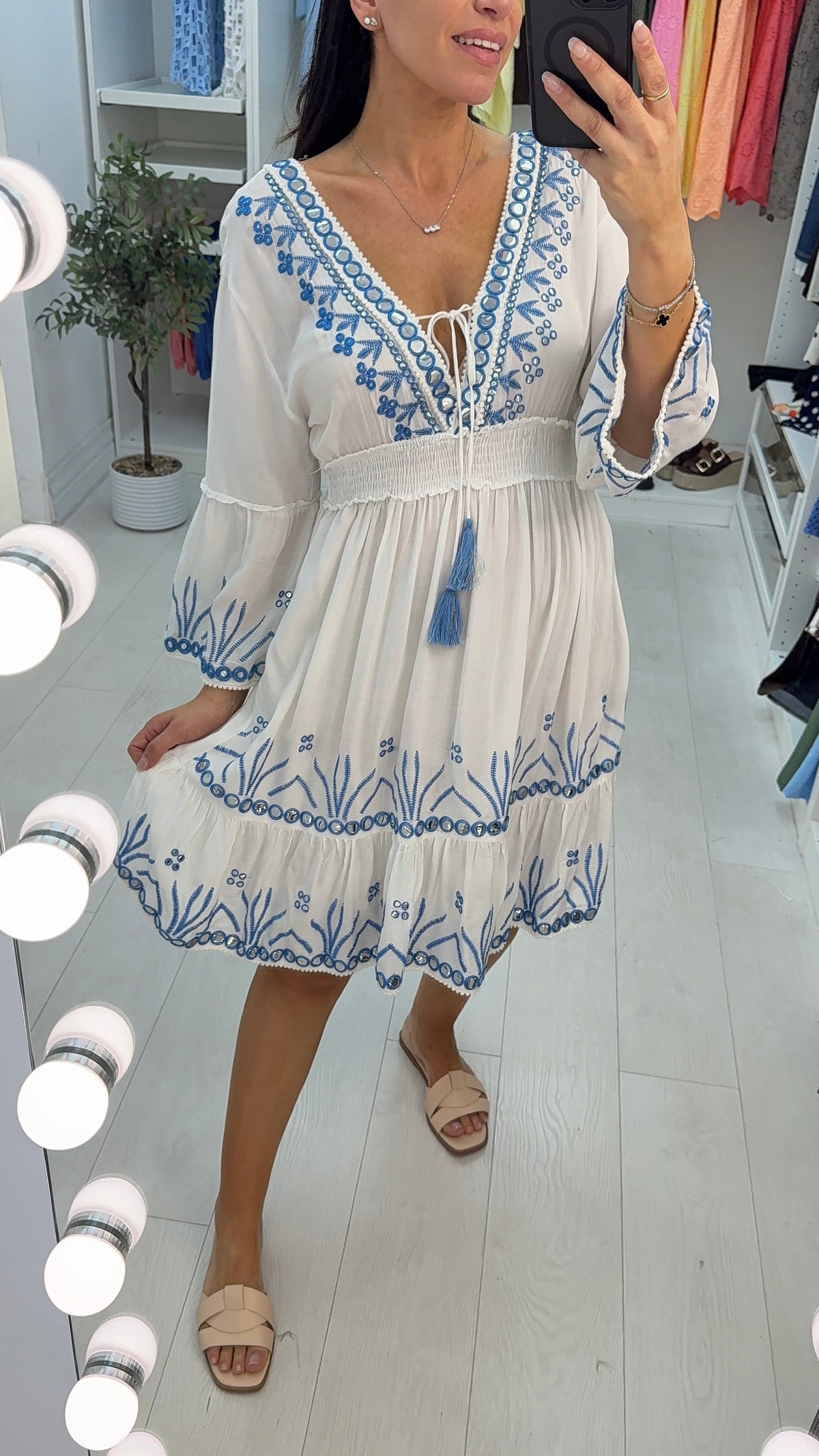 Quinta Embellished V Neck Shirred Waist Midi Dress