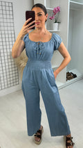 Xylon Denim Shirred Waist Jumpsuit