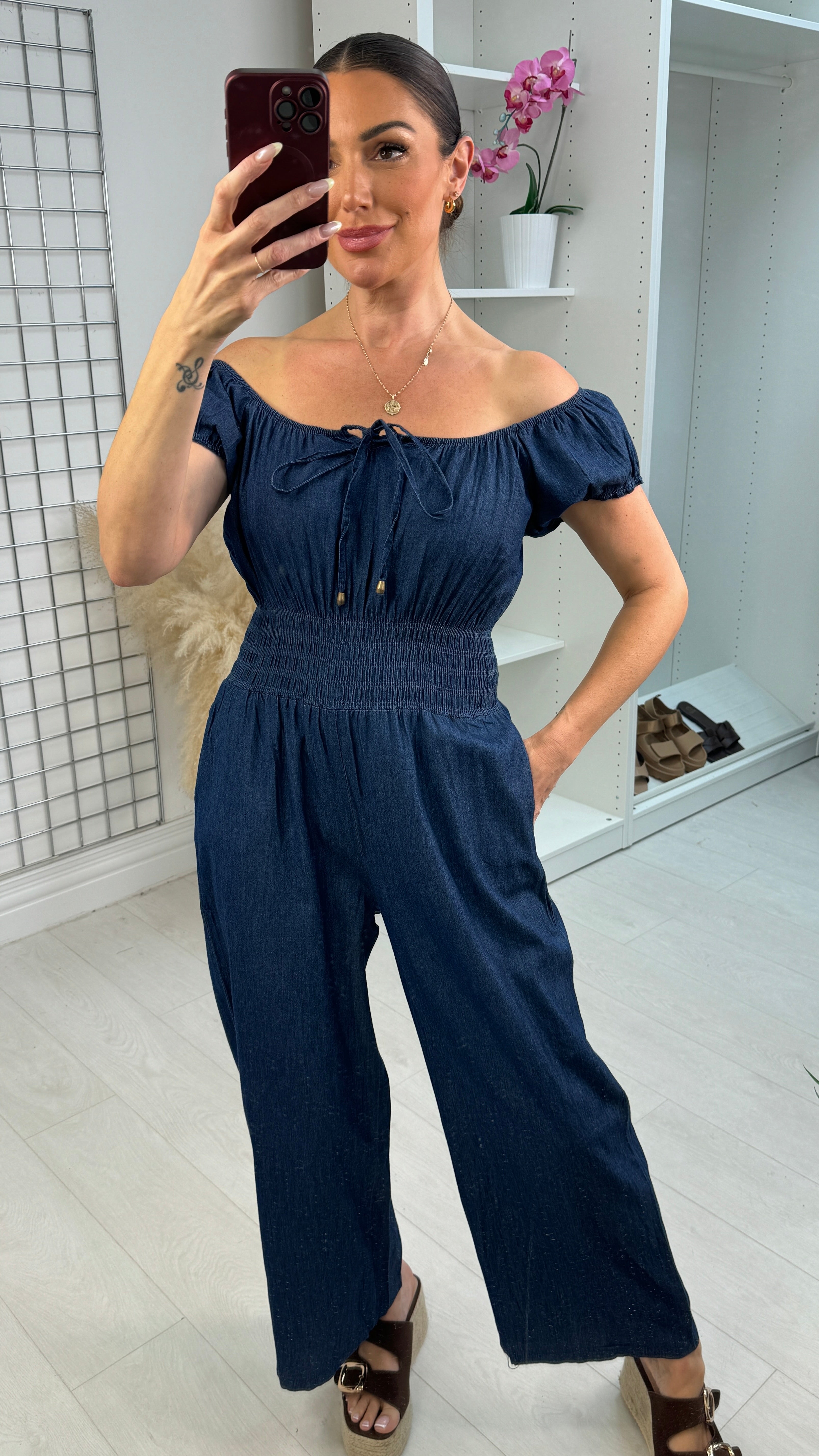 Xylon Denim Shirred Waist Jumpsuit