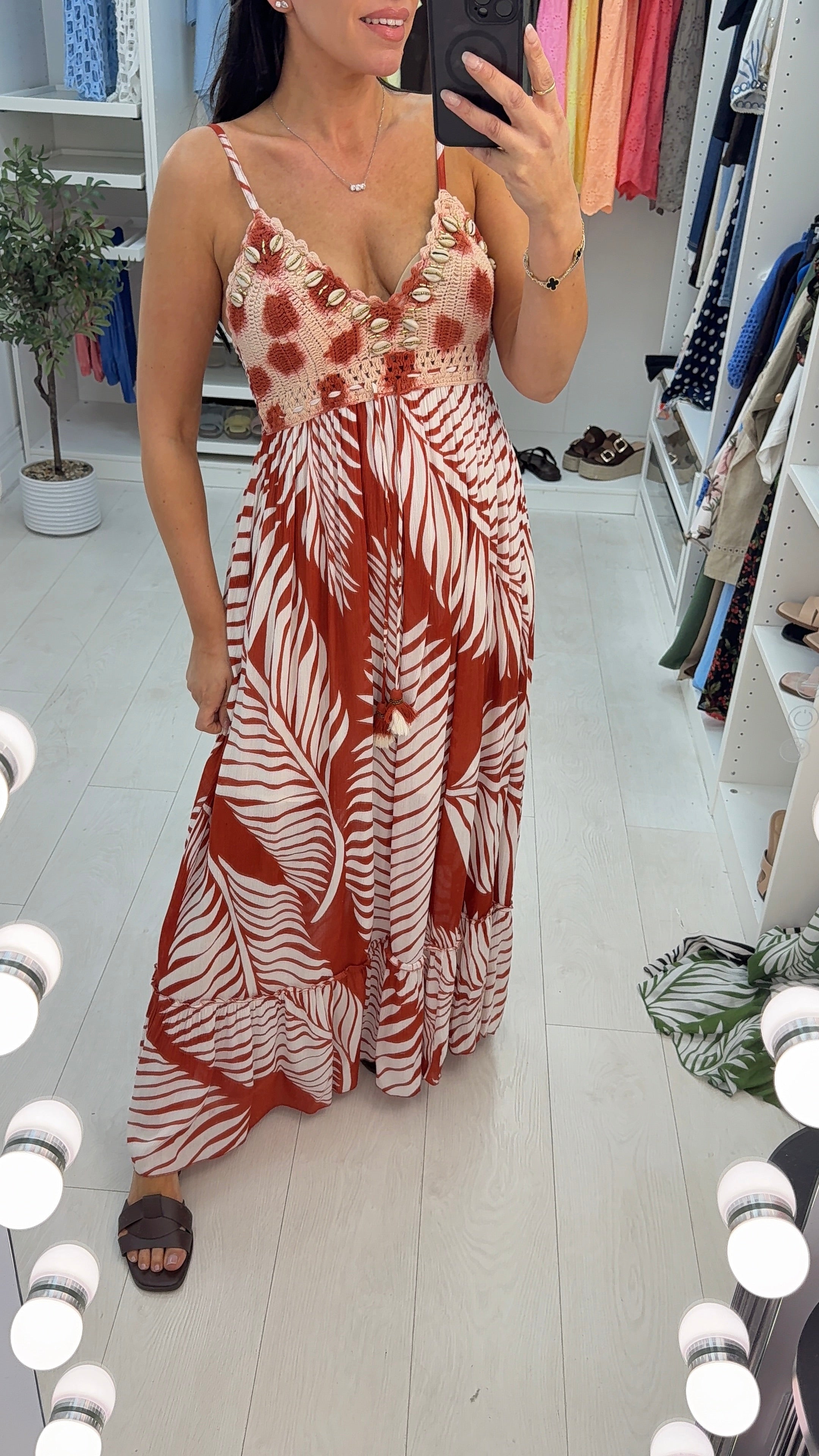 Avaline Embellished Crochet Bust Leaf Print Maxi Dress