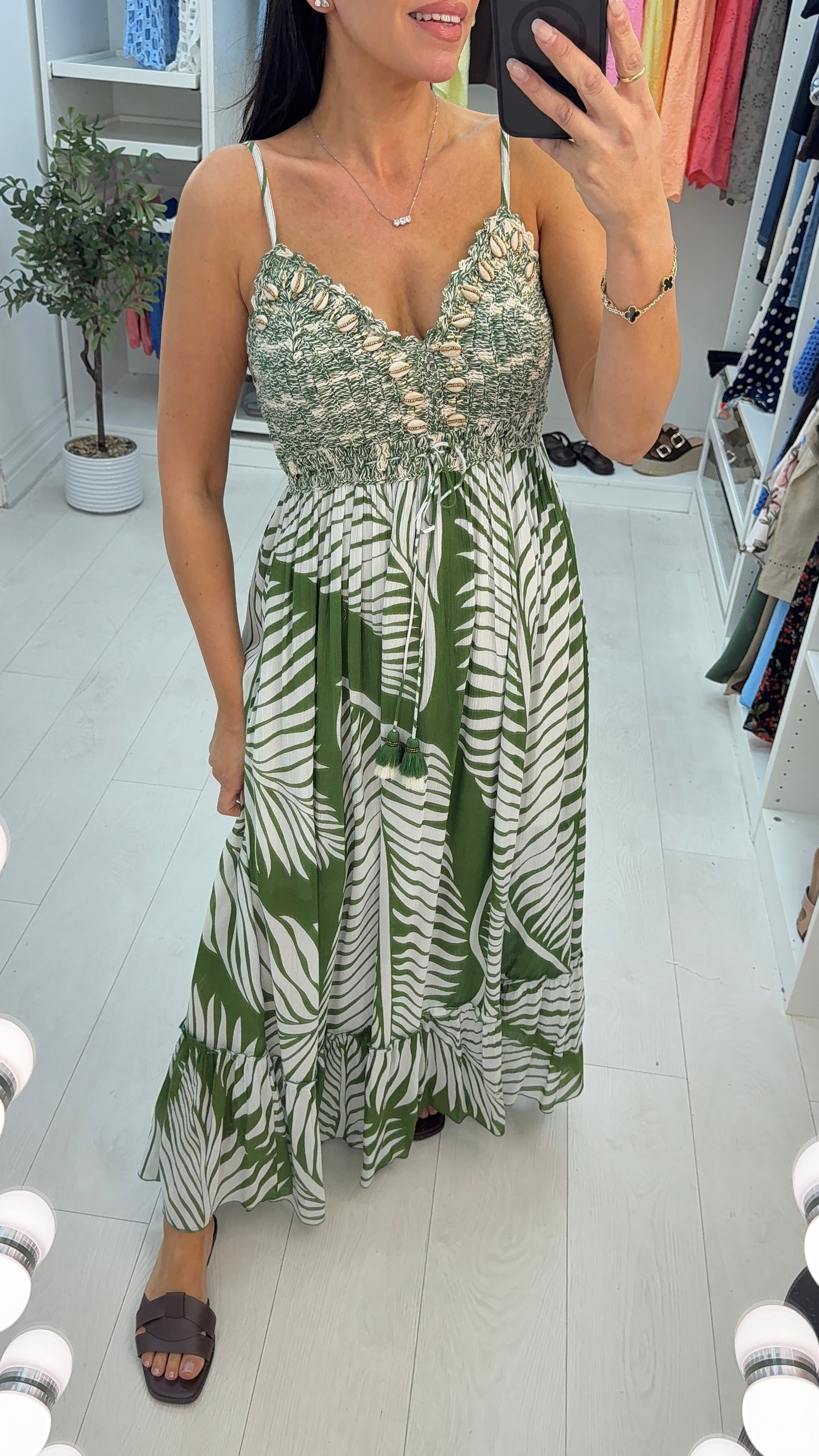 Avaline Embellished Crochet Bust Leaf Print Maxi Dress