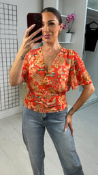 Hilana Floral Print Deep V Neck Blouse