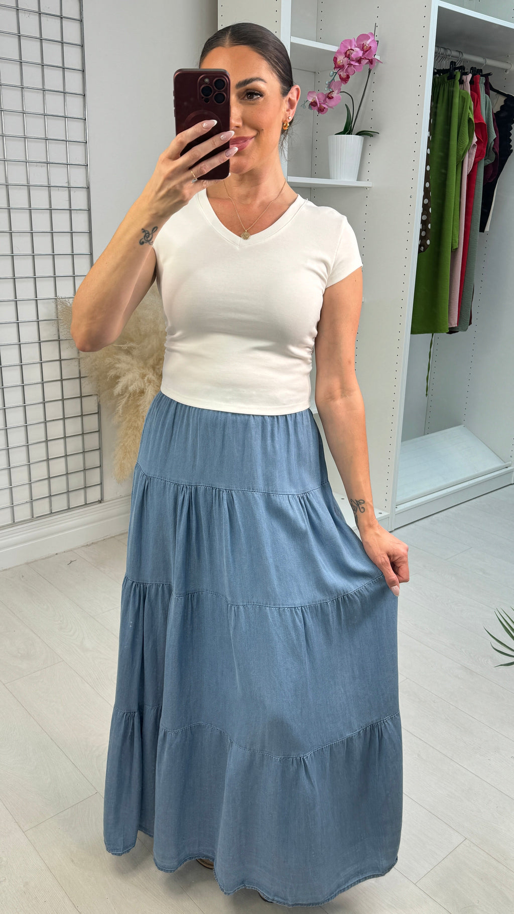 Vienna Denim Tiered Maxi Skirt