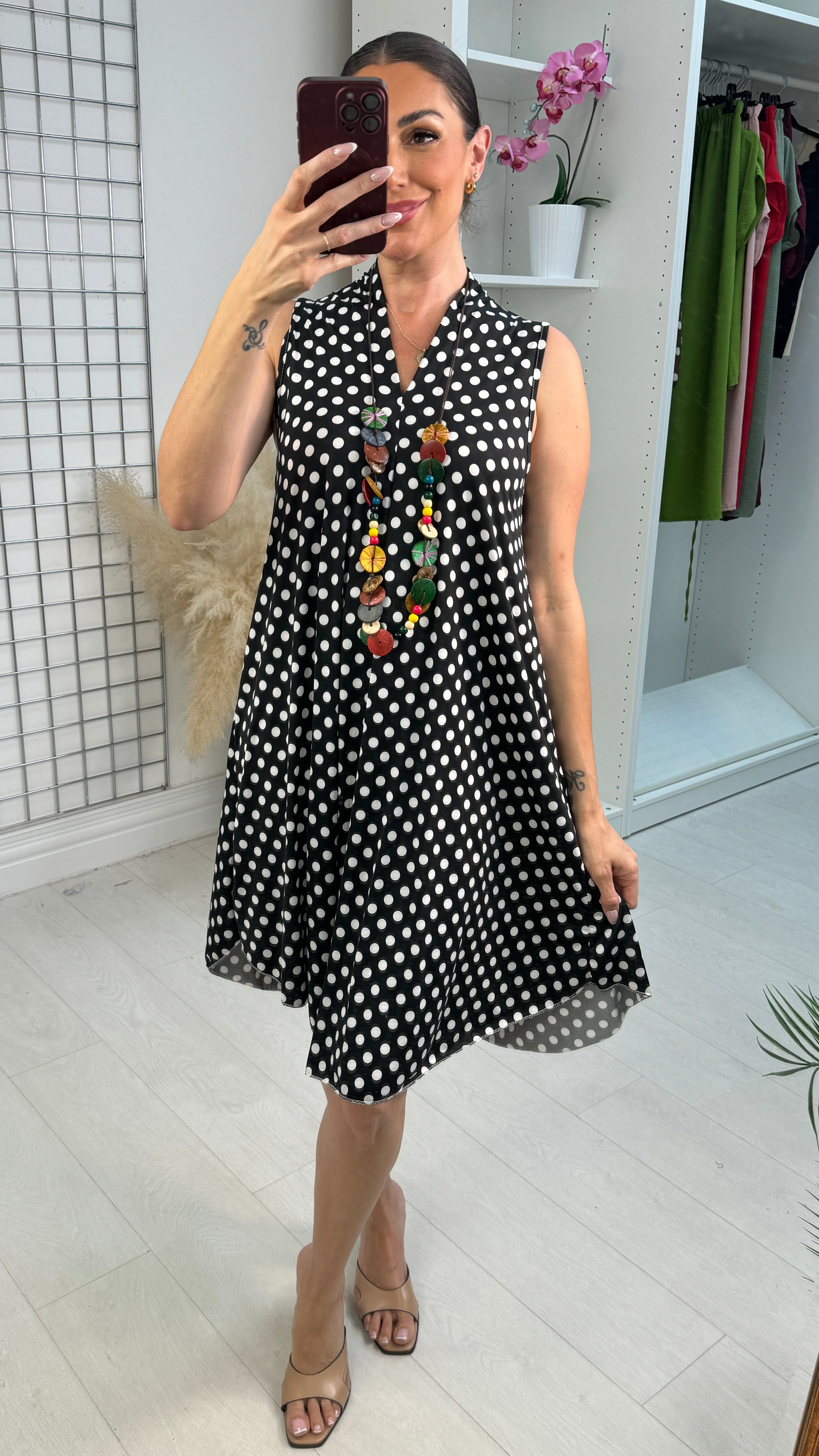 Cillia Polka Dot V Neck Loose Fit Dress