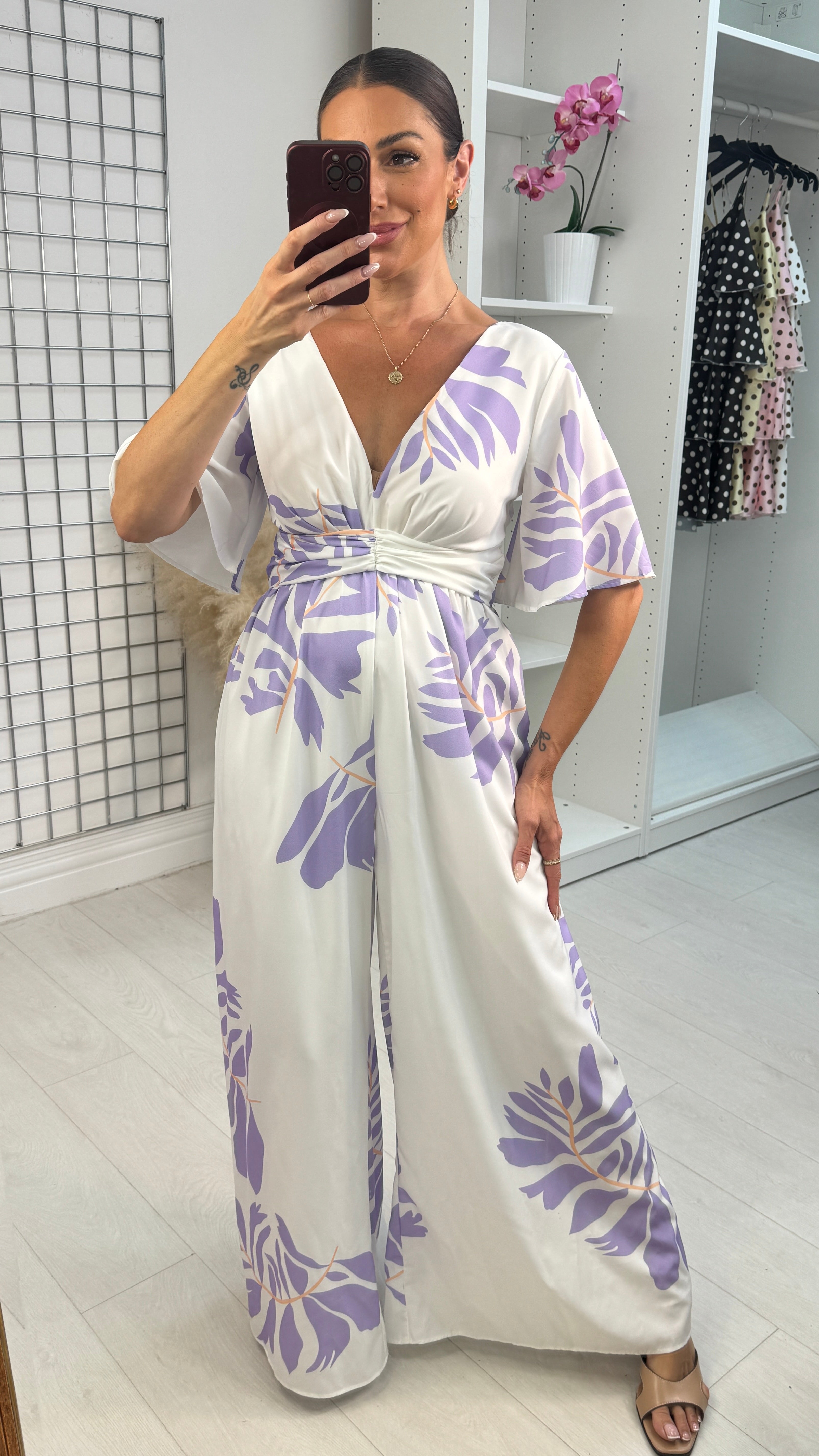 Adelai Leaf Print V Neck Jumpsuit
