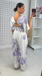 Adelai Leaf Print V Neck Jumpsuit