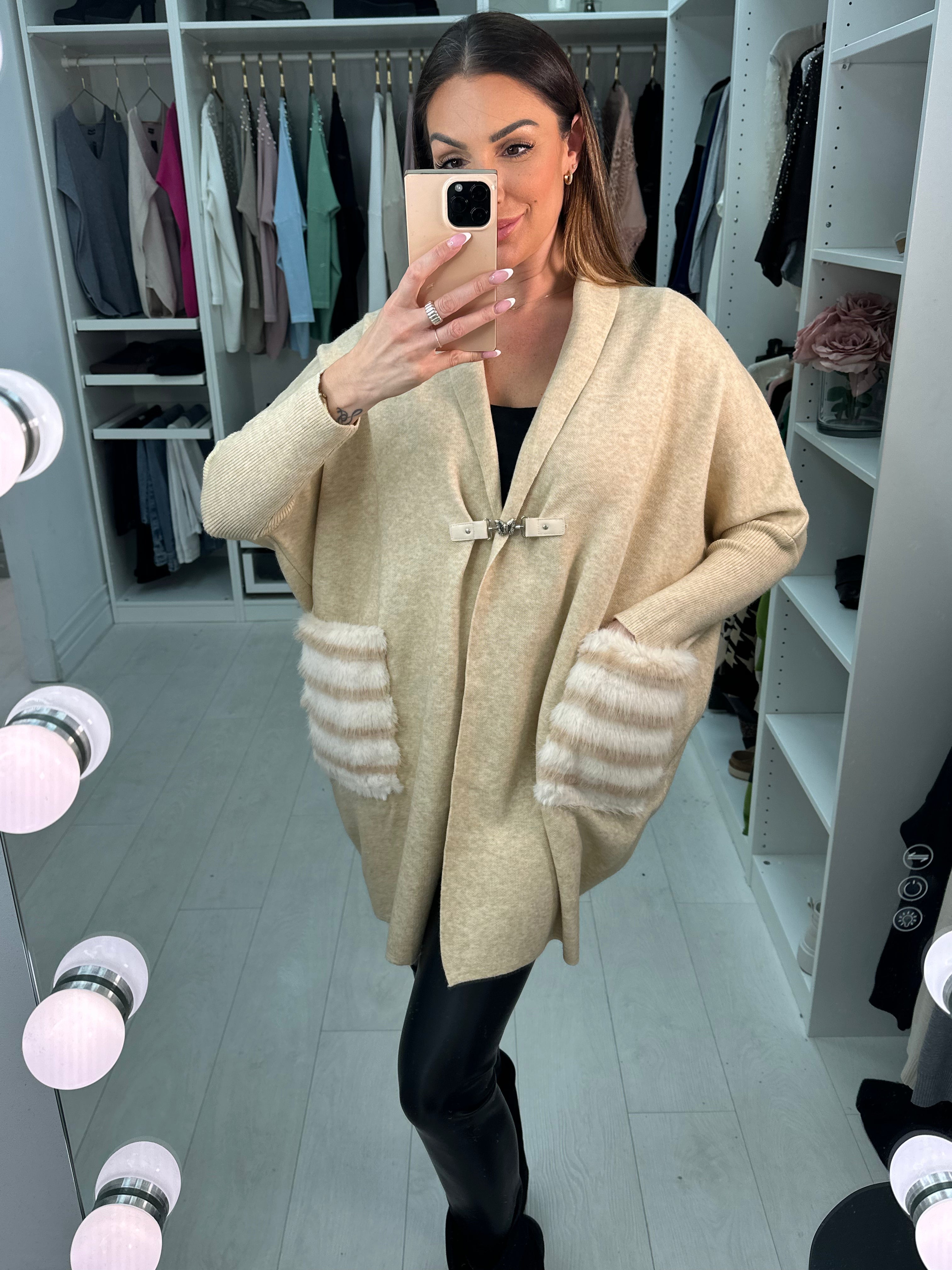 Elito Buckle Detail Faux Fur Pockets Cardigan