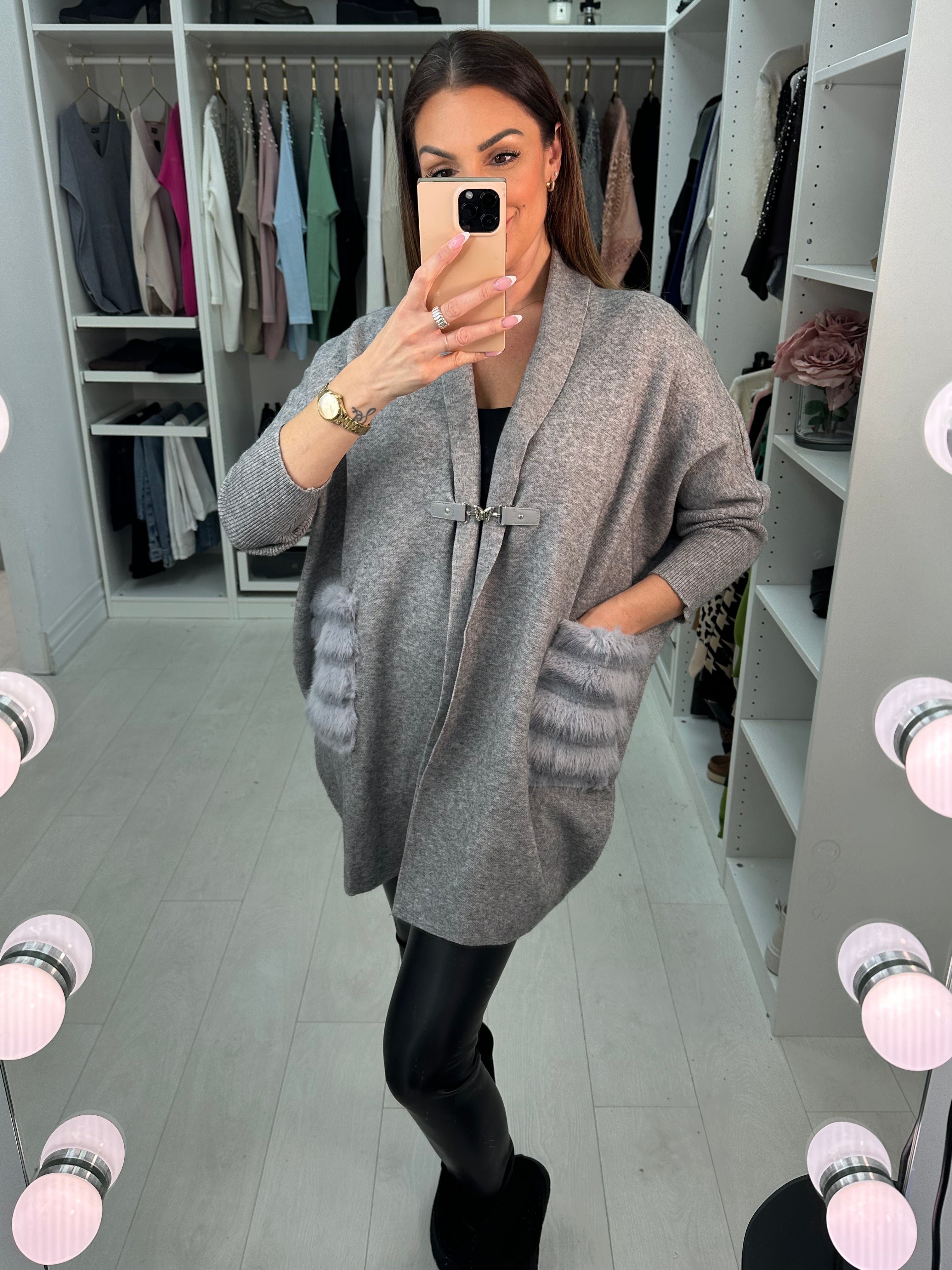 Elito Buckle Detail Faux Fur Pockets Cardigan