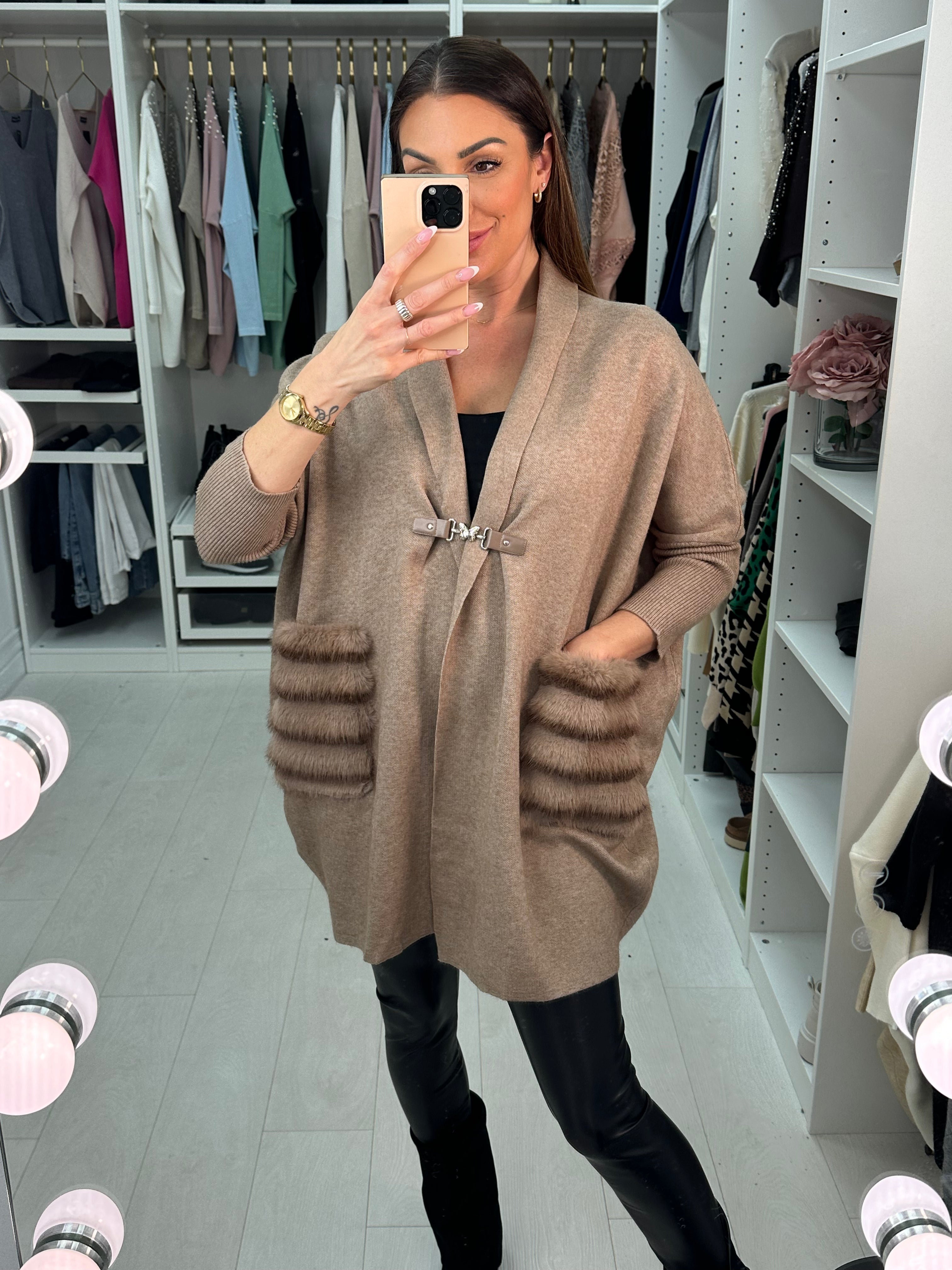 Elito Buckle Detail Faux Fur Pockets Cardigan