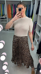 Hannah Leopard Print 2-In-1 Knitted Top Silk Pleated Dress