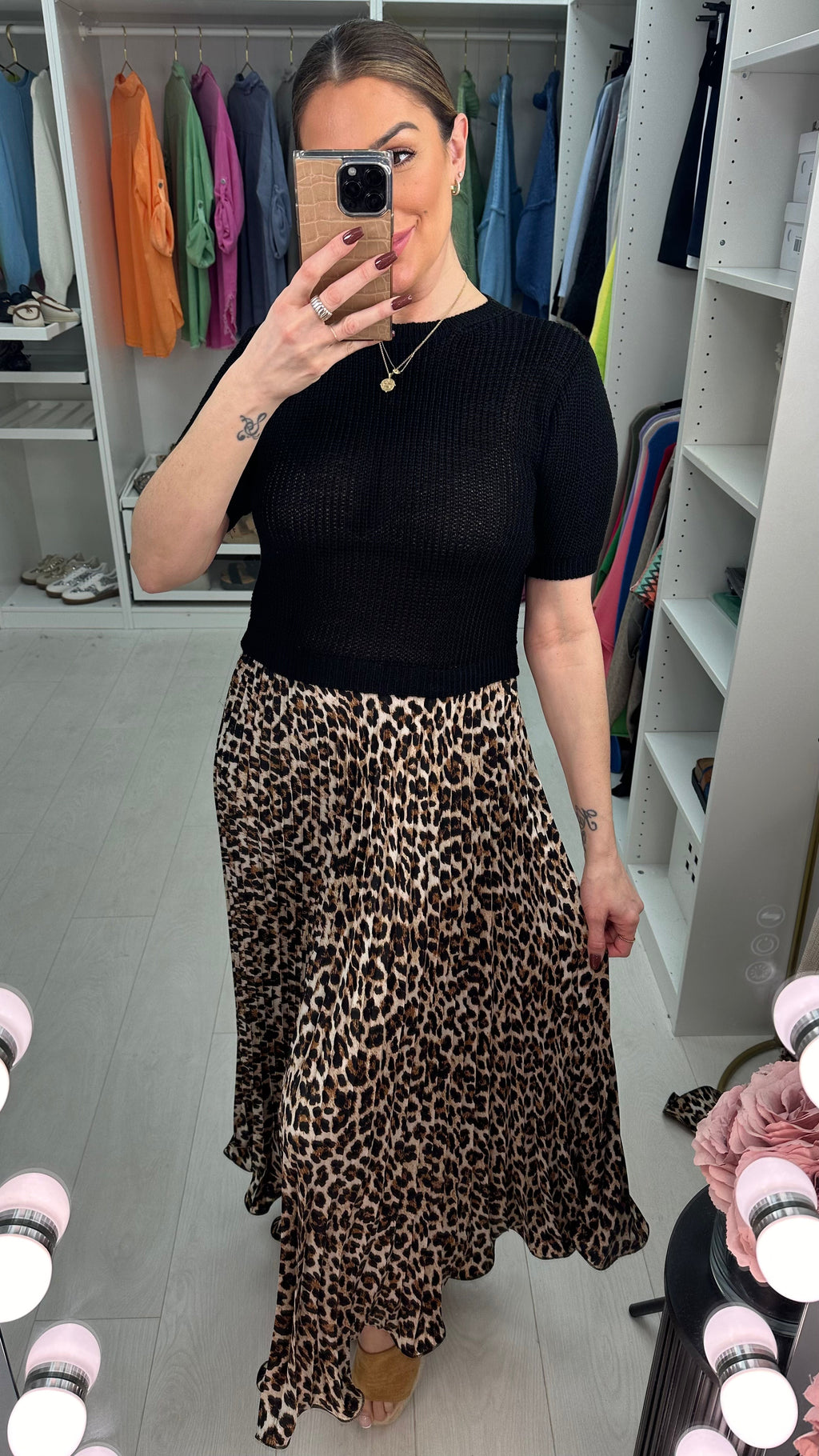 Hannah Leopard Print 2-In-1 Knitted Top Silk Pleated Dress