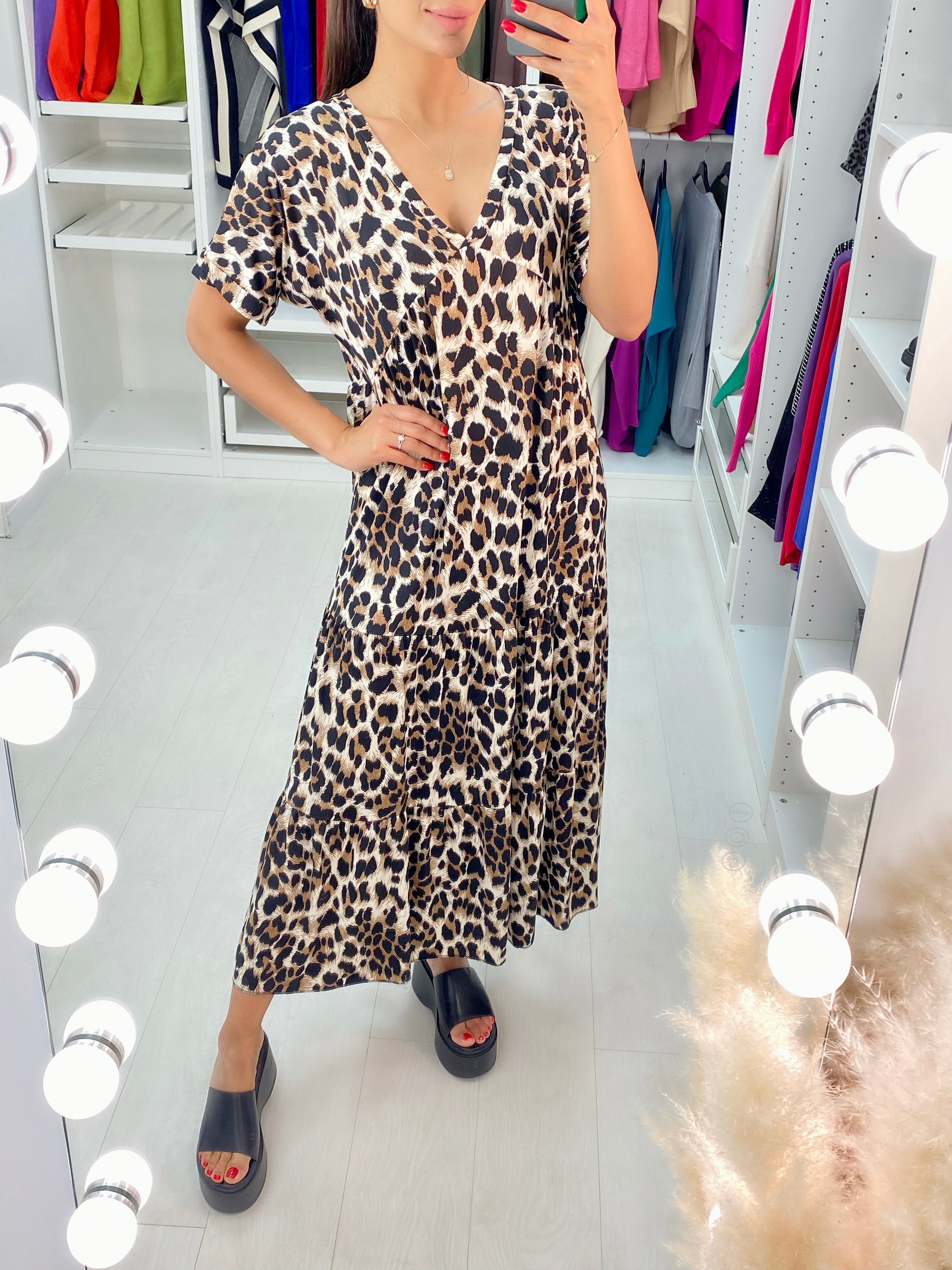 Duha Leopard Print V-Neck Smock Maxi Dress