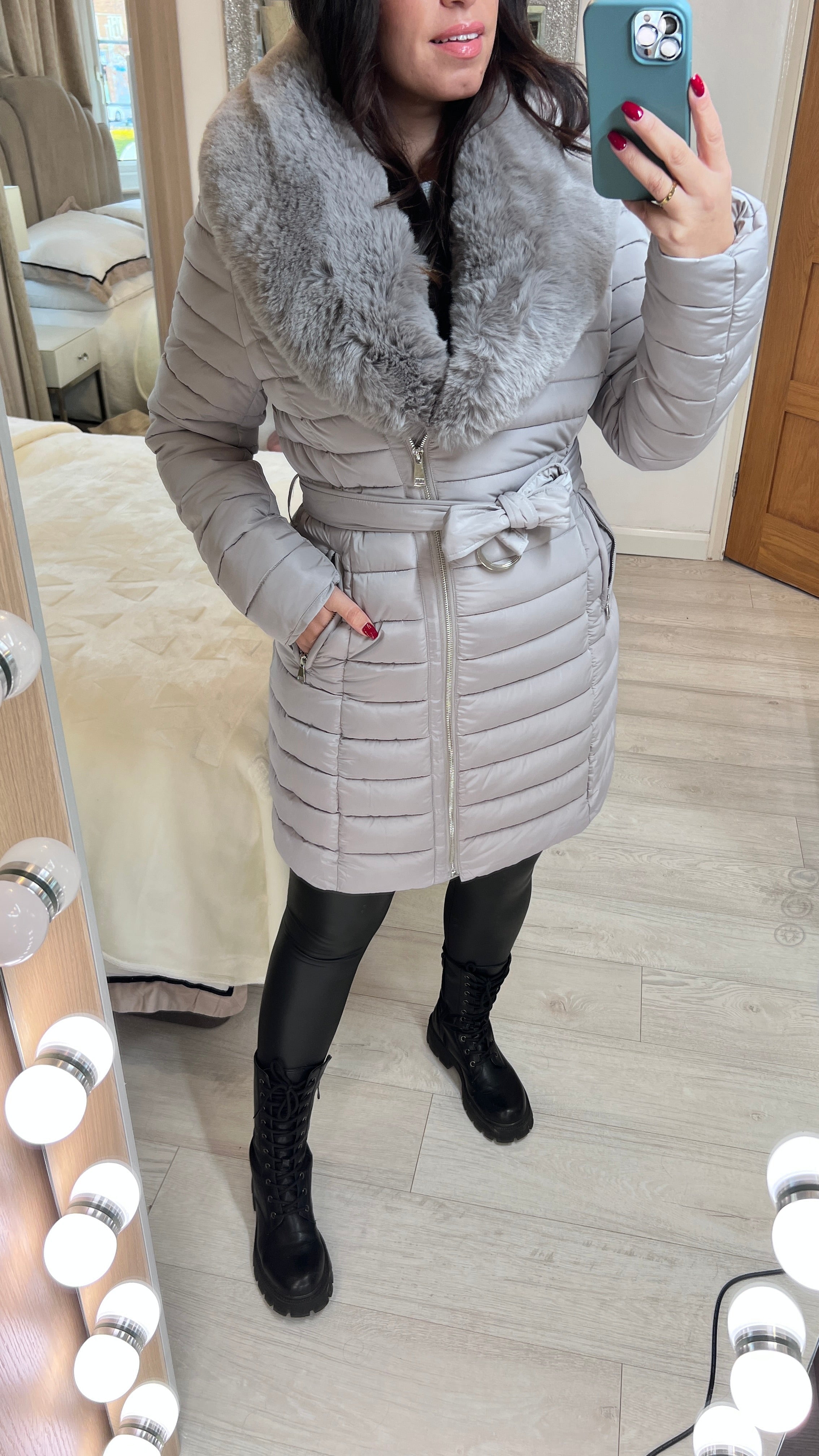 Dez Light Grey Faux Fur Collar Belt Coat