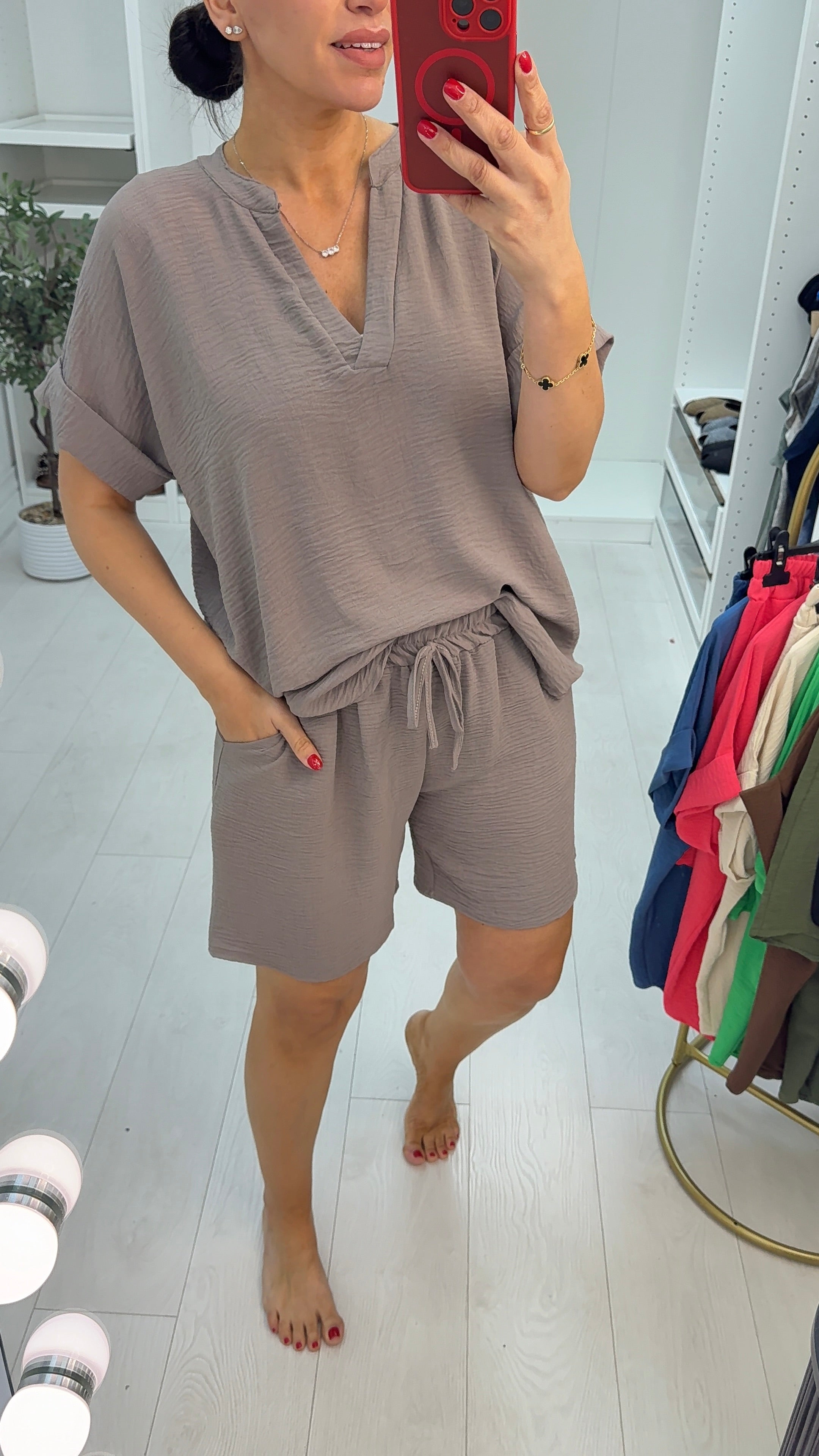 Izbel Plain Crepe V Neck Shorts Co-Ord Set