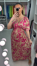 Livvy Leaf Print Shirred Waist Magic Maxi Dress