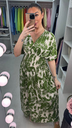 Livvy Leaf Print Shirred Waist Magic Maxi Dress