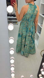 Bellamy Aqua Halterneck Embellished Tiered Dress